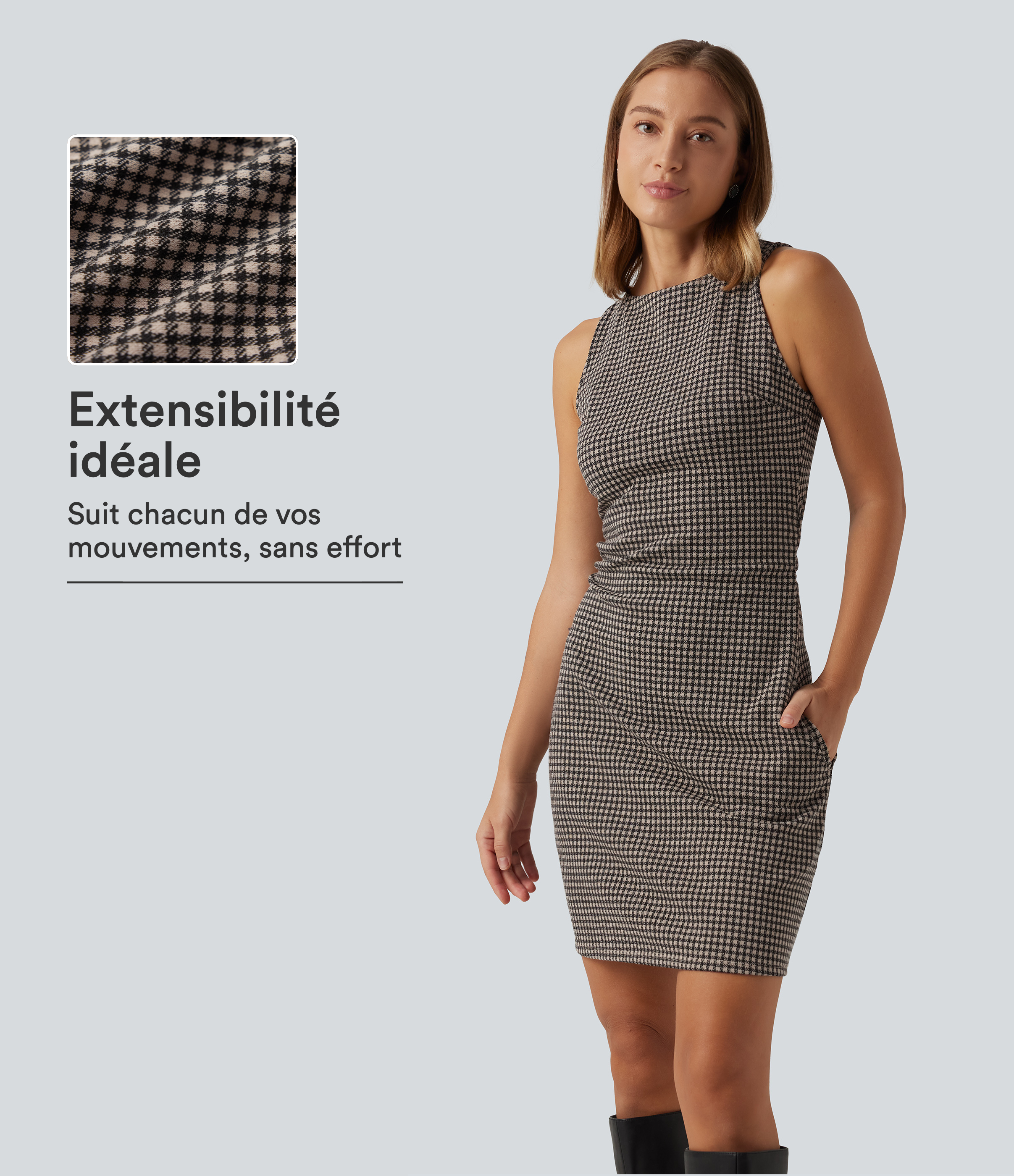 Robe mini à encolure bateau, sans manches et motif vichy avec poches