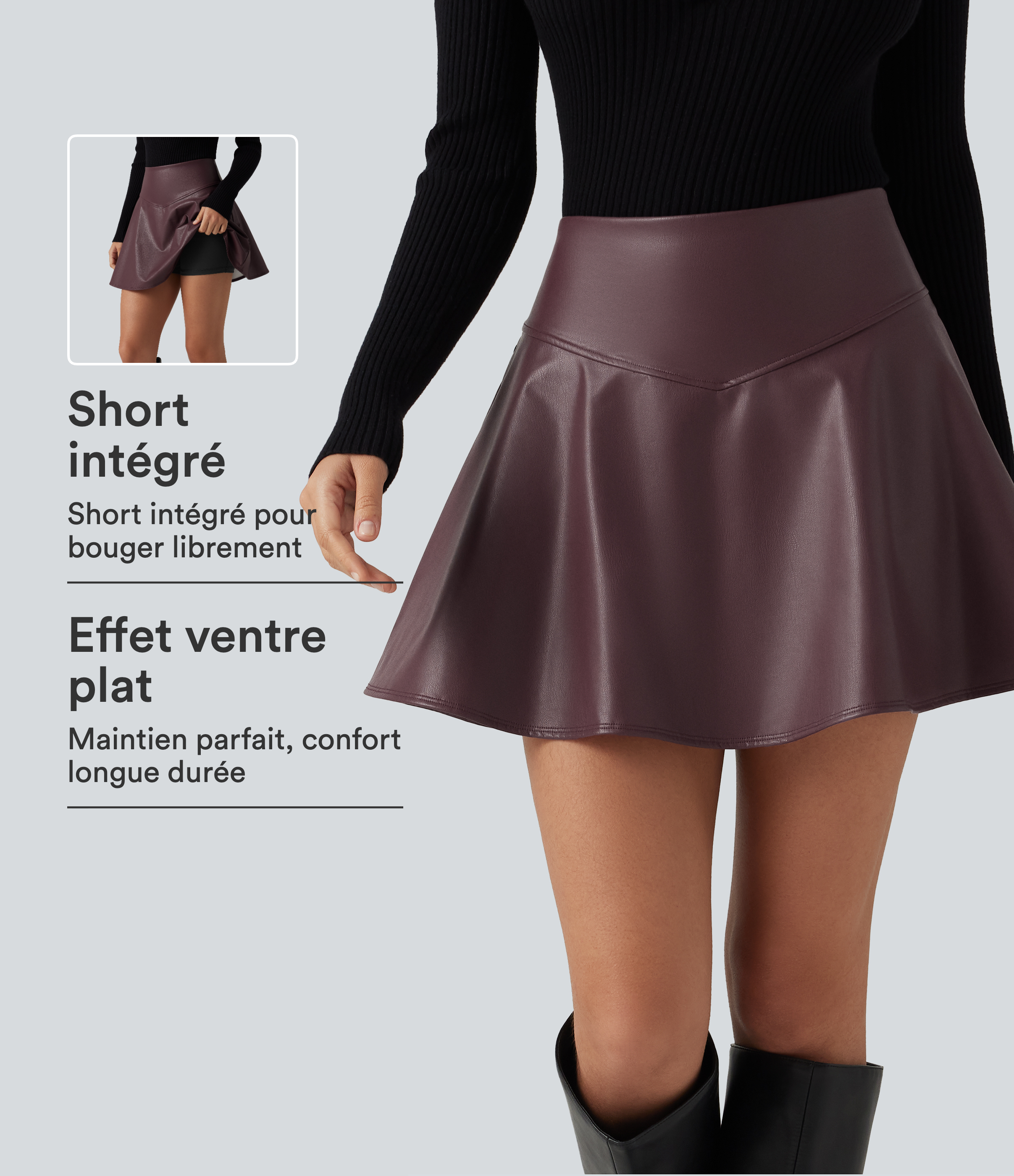 Jupe-short mini en simili doublé polaire taille haute gainante avec poches