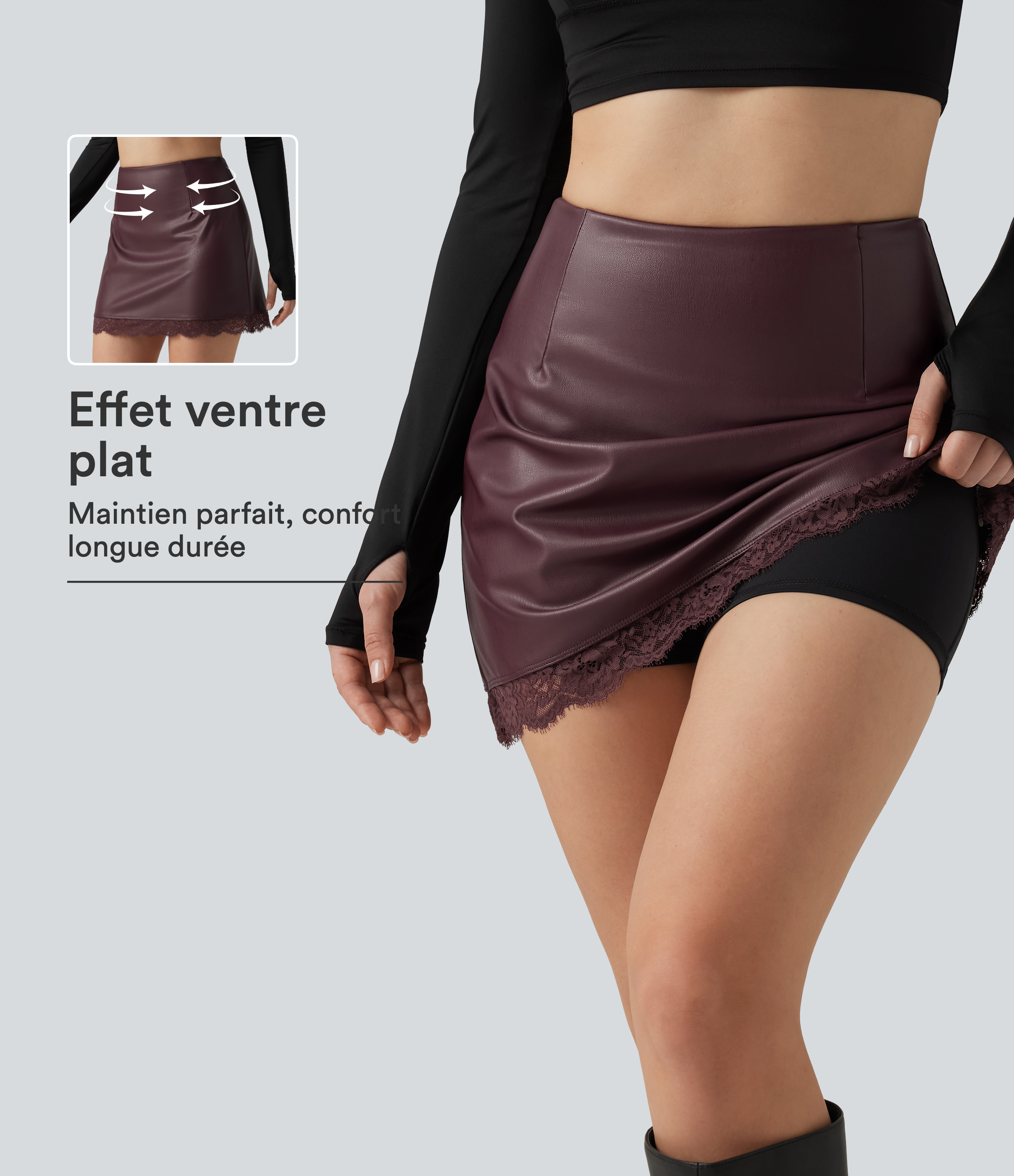 Jupe-short mini taille haute gainante coupe trapèze avec dentelle contrastée