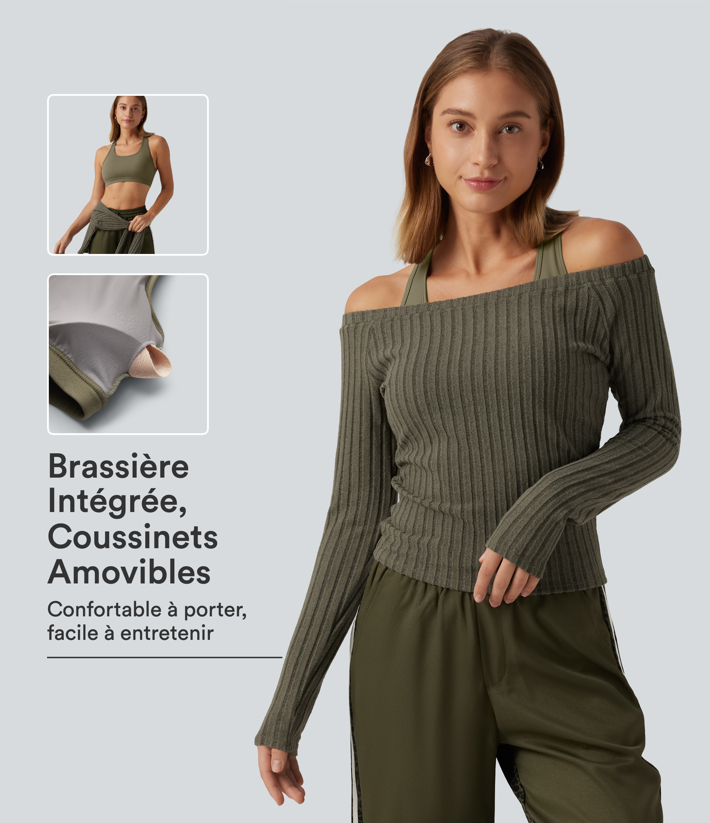 Ensemble 2 pièces avec haut en maille côtelée à épaules dénudées, manches longues et brassière