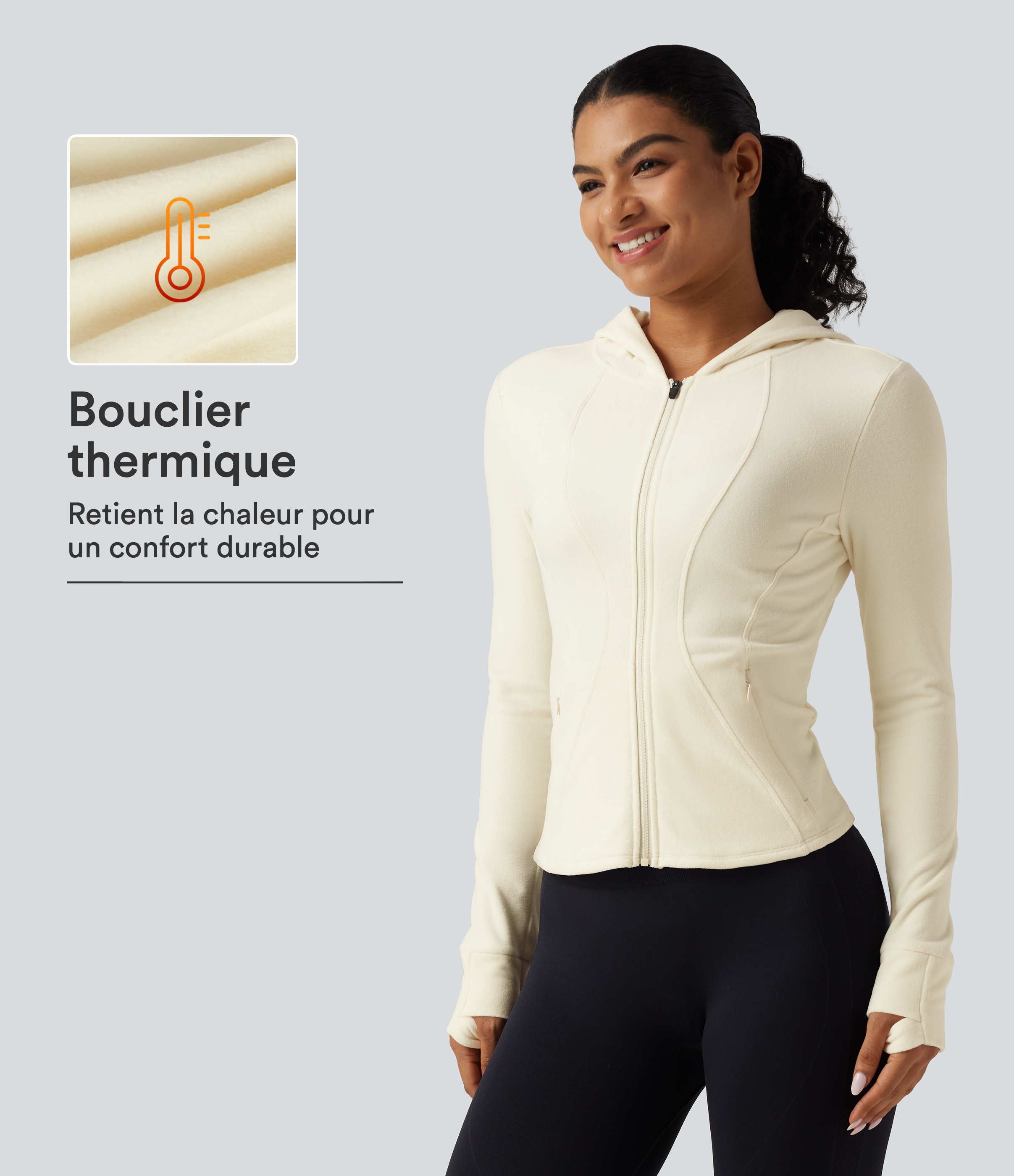 Veste de yoga ajustée doublée polaire à col montant, manches longues, passe-pouces et poches
