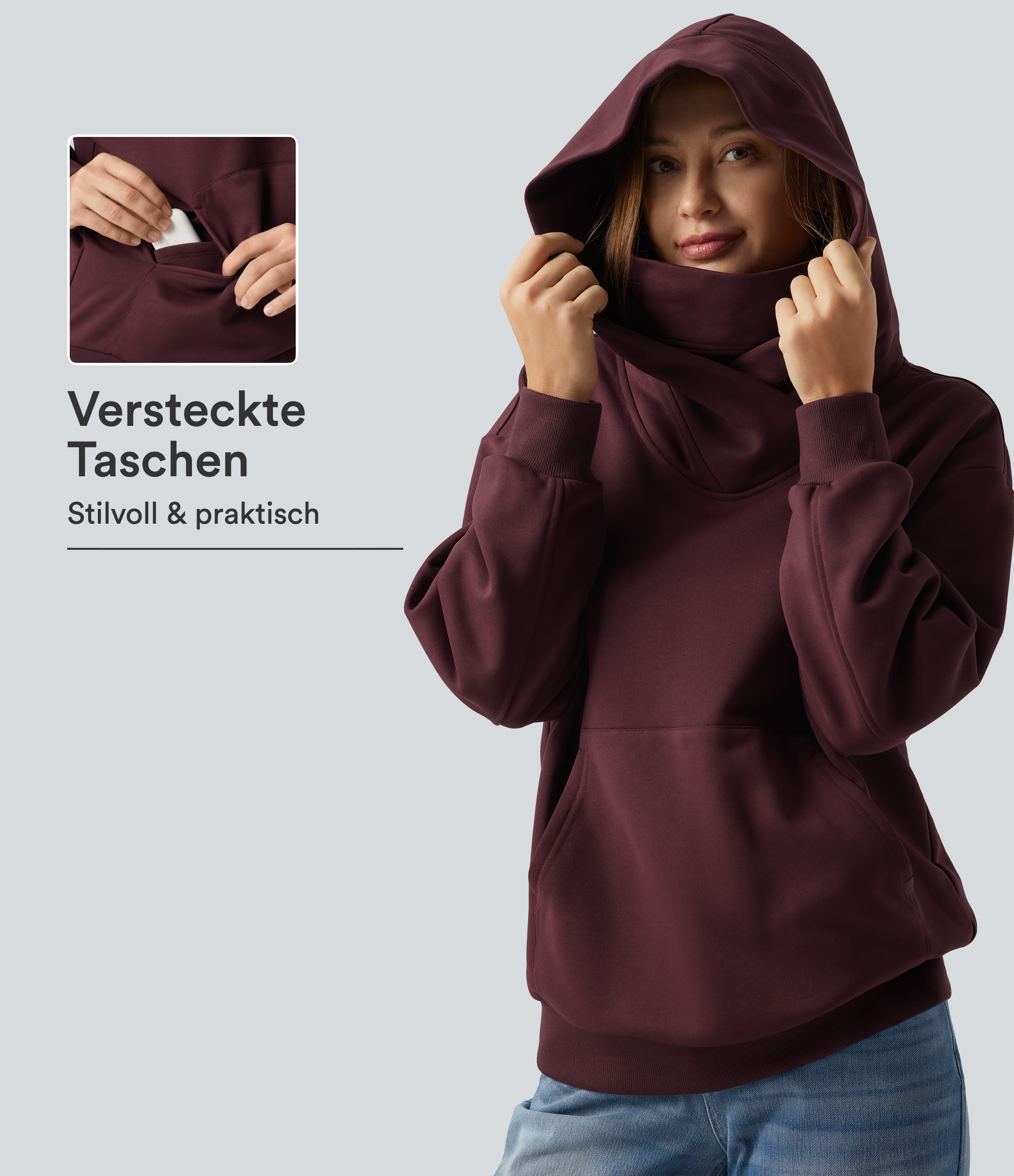 Chocolate Truffle Lässiges Fleece-Sweatshirt mit Kapuze, Kängurutasche, langen Ärmeln und überschnittenen Schultern / 1