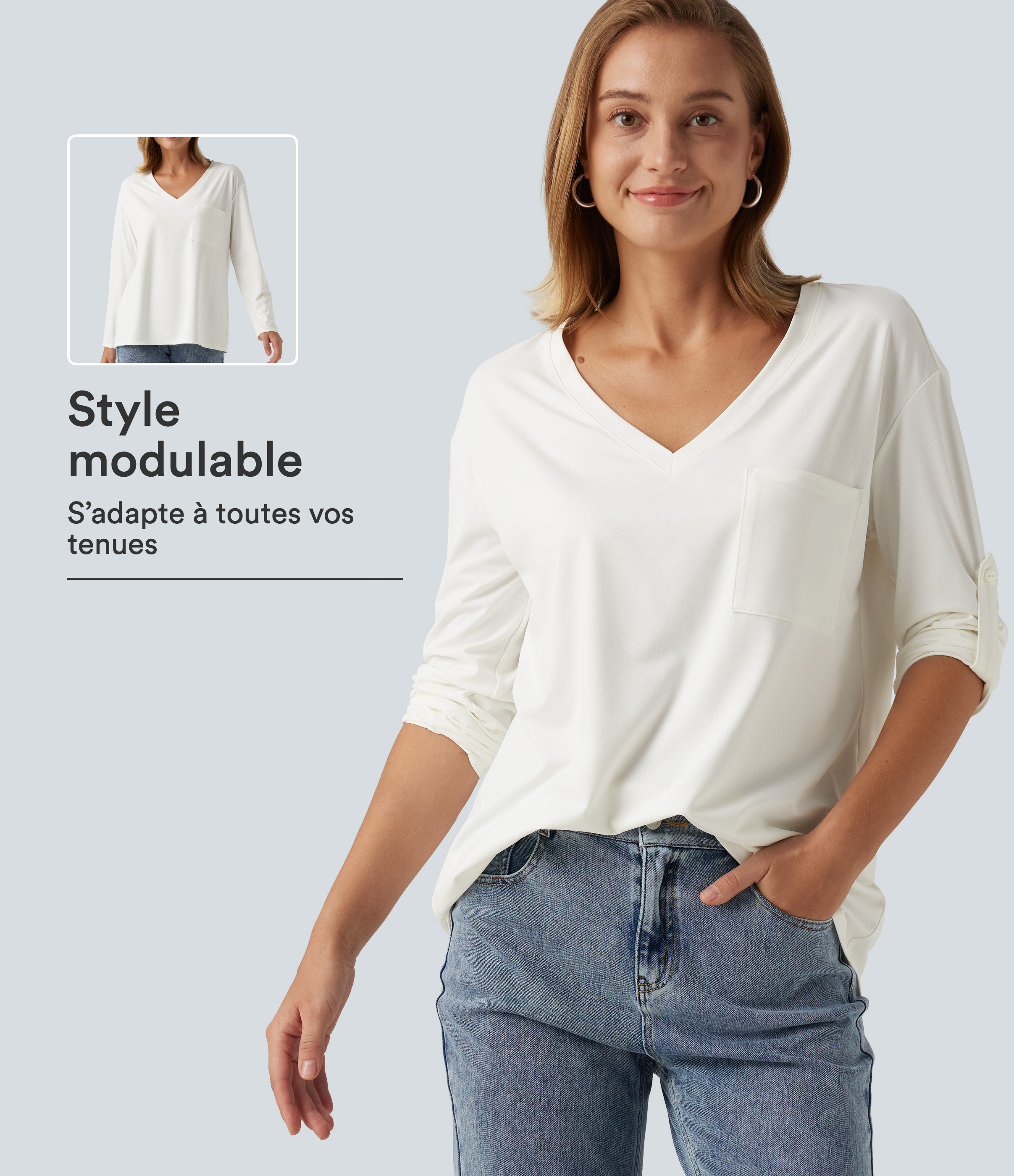 T-shirt à encolure en V, manches longues et poche poitrine