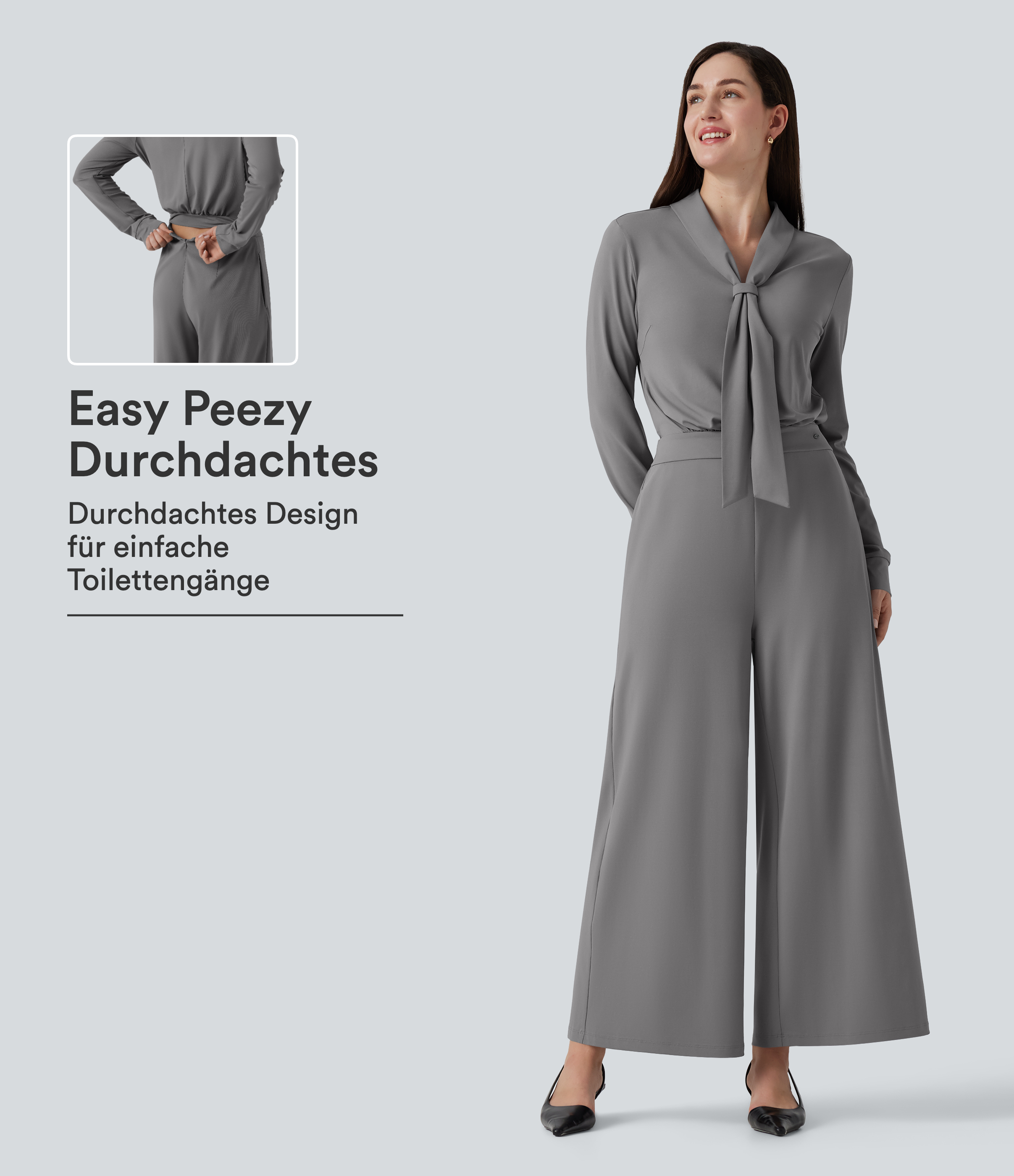 Ultimate Gray Büro-Jumpsuit mit V-Ausschnitt, Seitentaschen, langen Ärmeln und weitem Bein - Easy Peezy Edition / 1