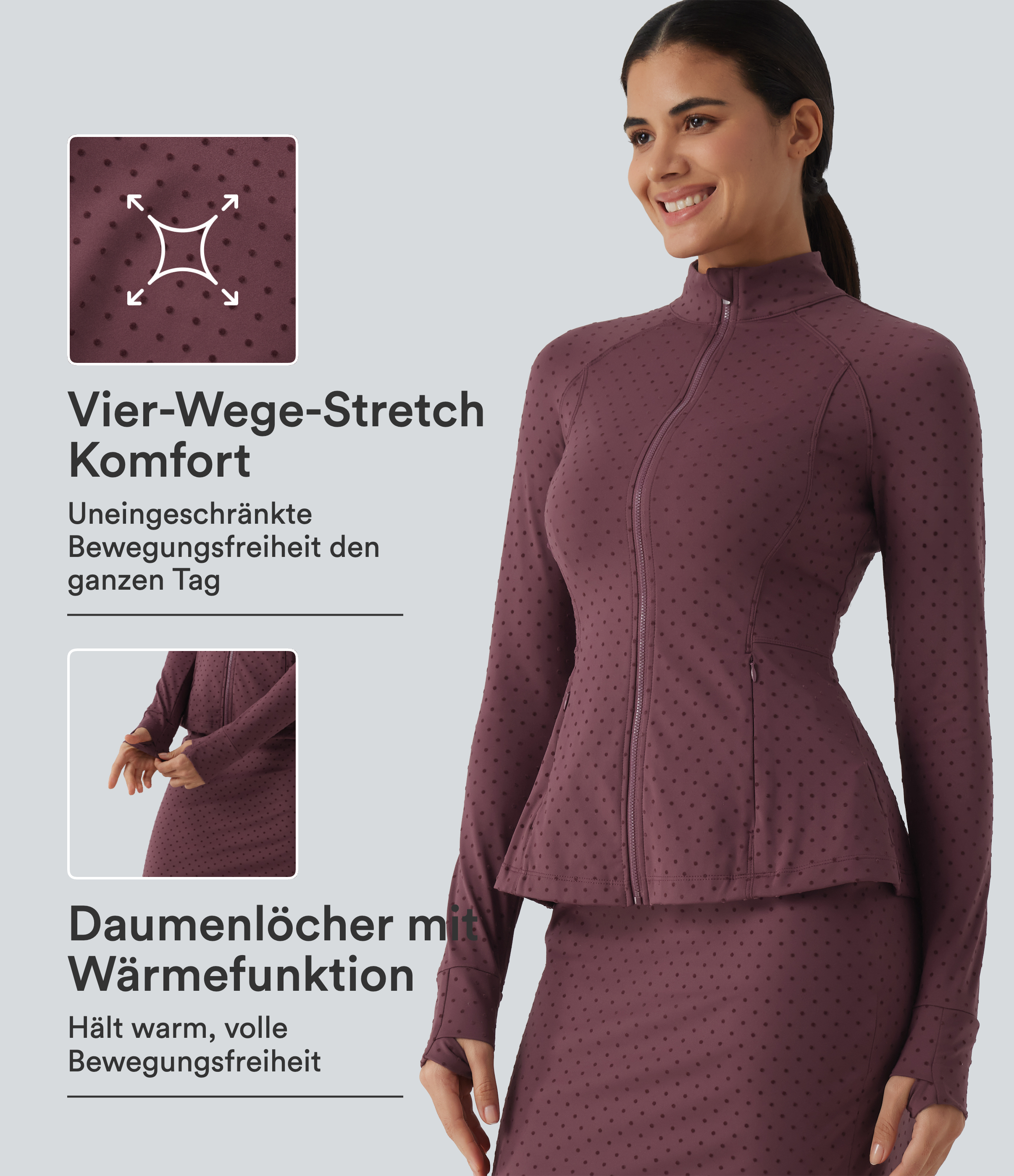Yogajacke mit Stehkragen, Seitentaschen, langen Ärmeln, Daumenlöchern und Polka-Dots