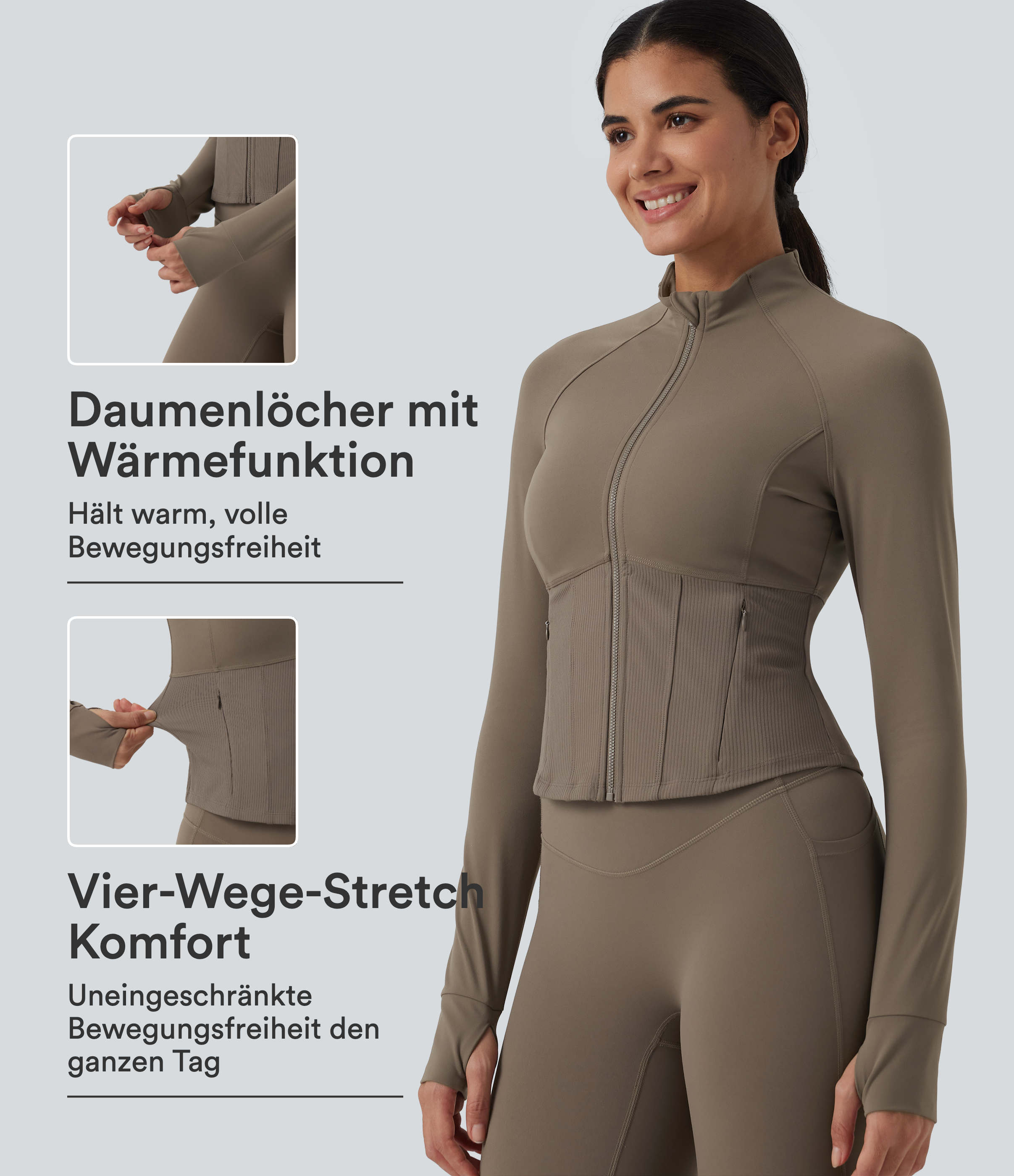 Halara UltraSculpt™ - Yogajacke mit Stehkragen, Seitentaschen, langen Raglanärmeln, Daumenlöchern, InstantCool und abgerundetem Saum