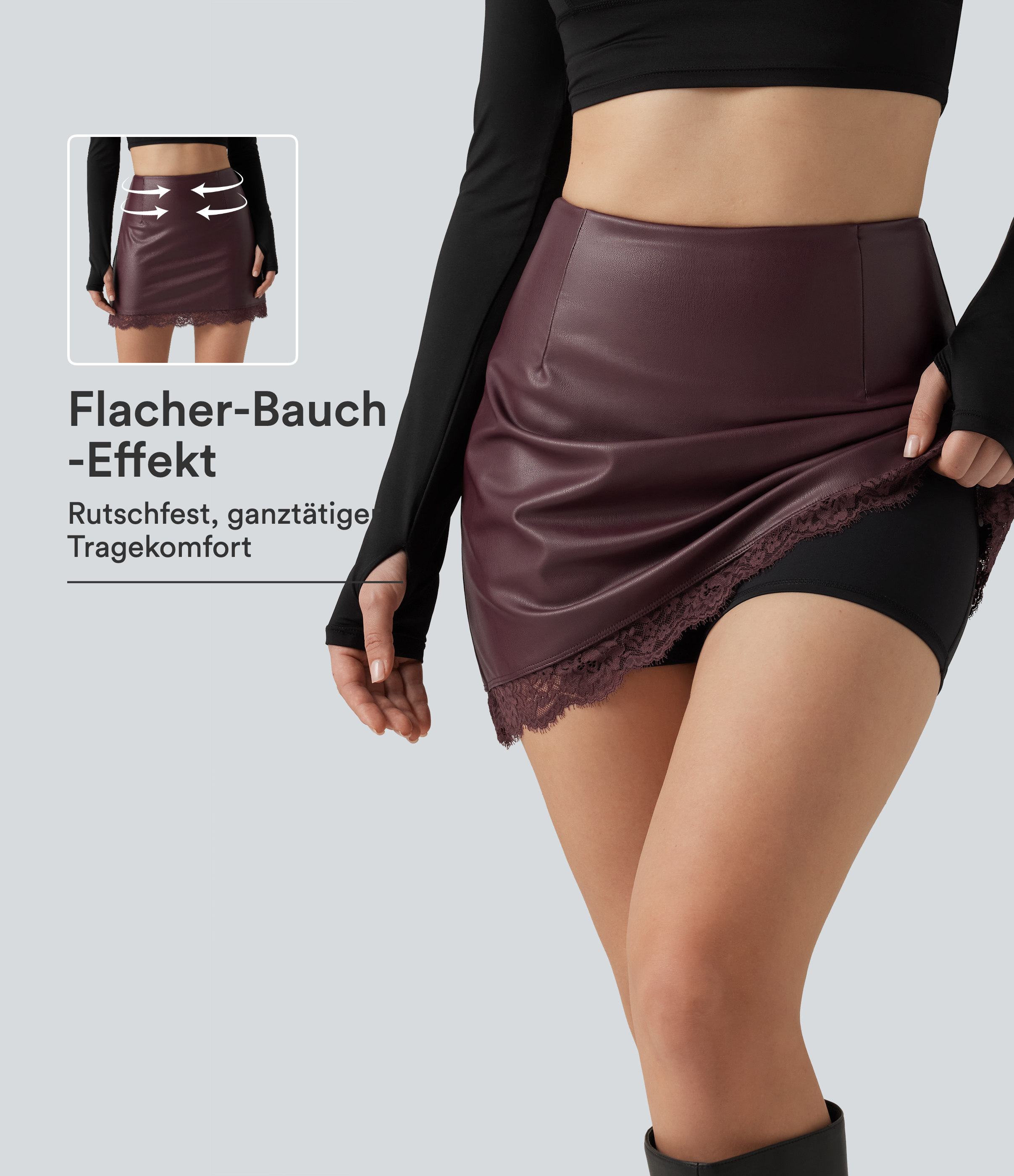 Lässiger 2-in-1 Minirock in A-Linie mit hohem Bund, Bauchkontrolle, Kontrastspitze und integrierten Shorts