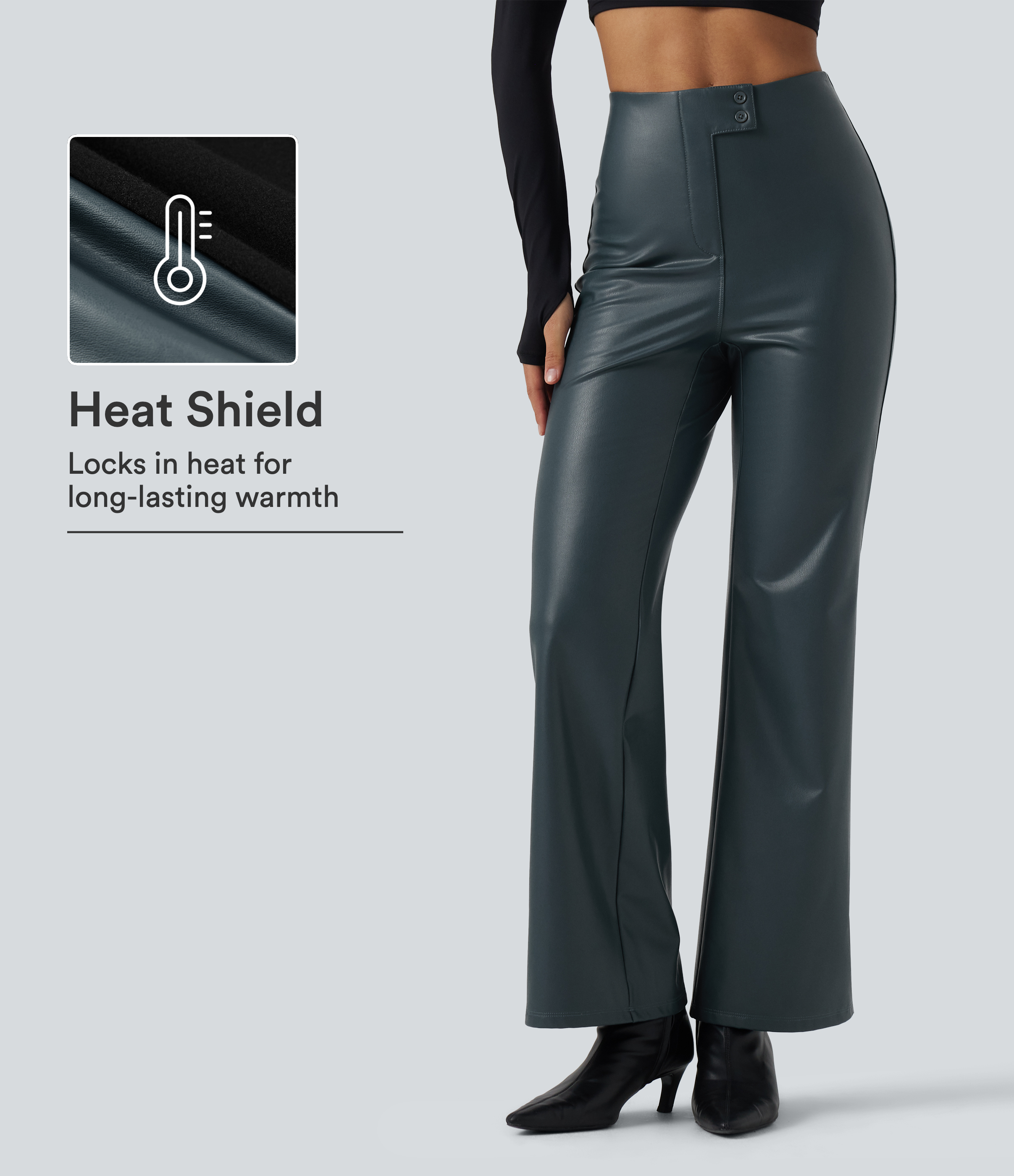 High Waisted Stretchy PU Fleece Casual Bootcut Pants with Pockets