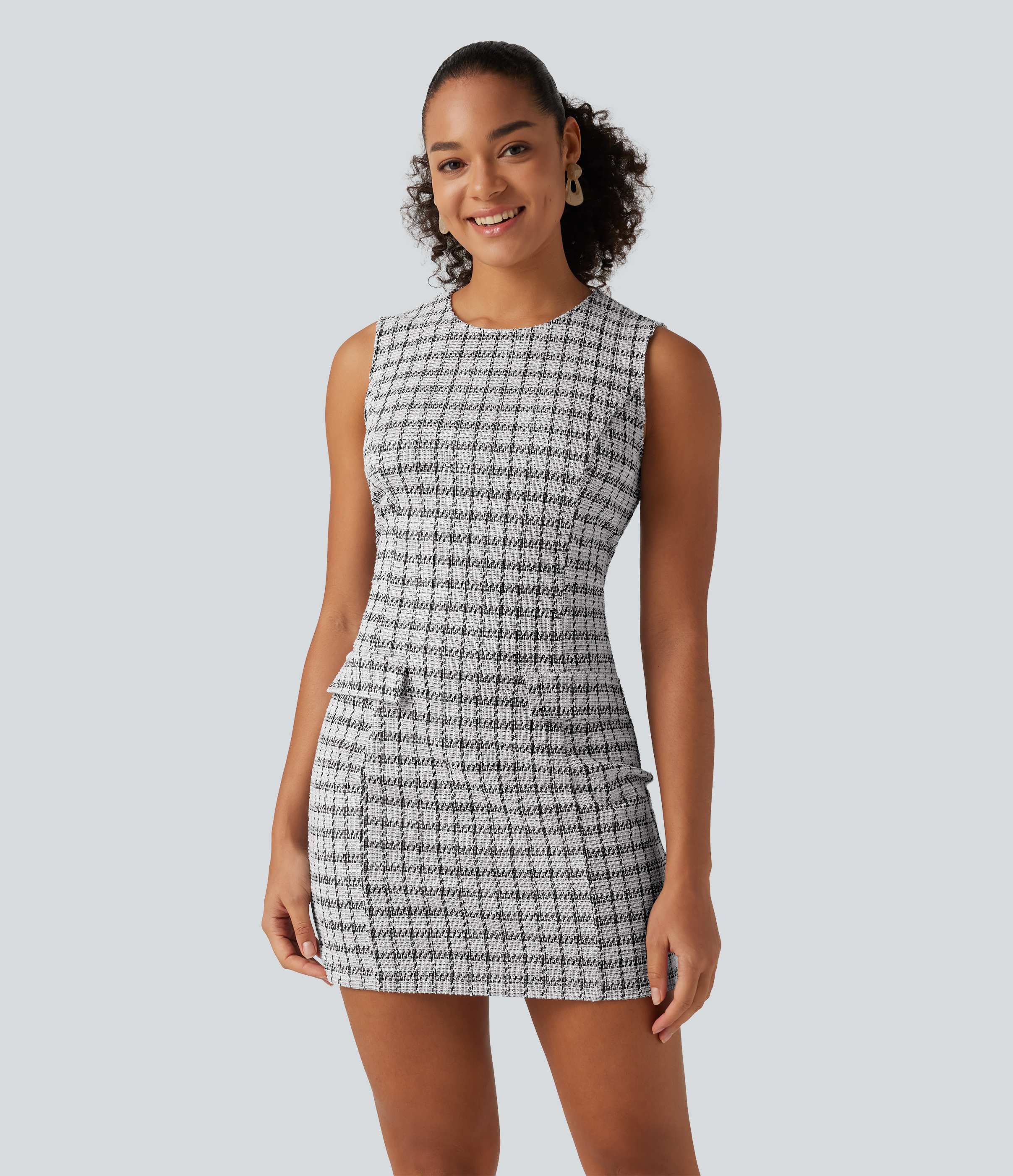 Round Neck Sleeveless Plaid Work Mini Dress