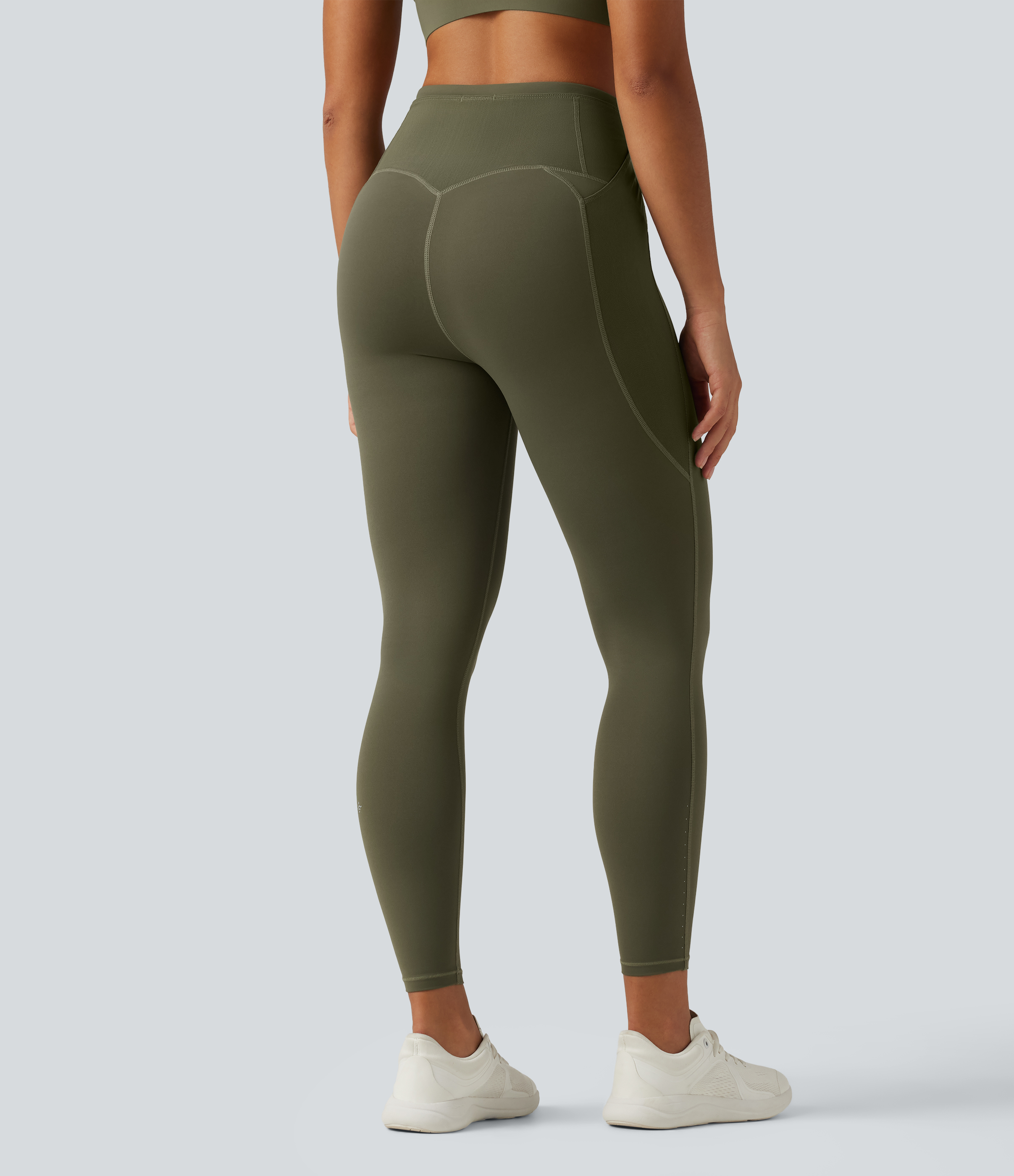 Grass Grey Green Lauf-Leggings mit hohem Bund, Seitentaschen, Kordelzug, Kontrast-Mesh und reflektierenden Punkten - schnelltrocknend / 2