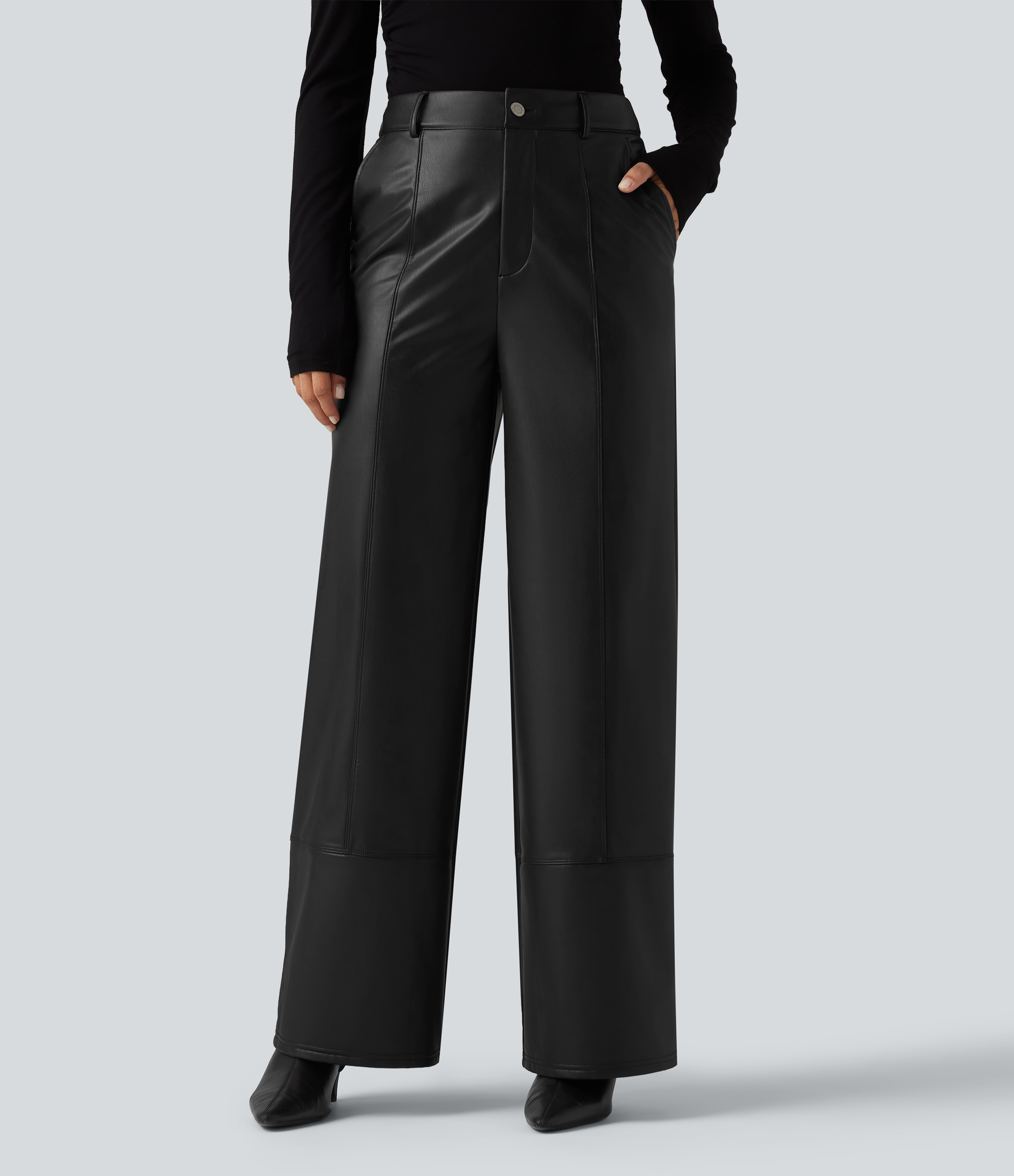 High Waisted Straight Leg Seam Stretchy PU Fleece Casual Leather Pants with Pockets