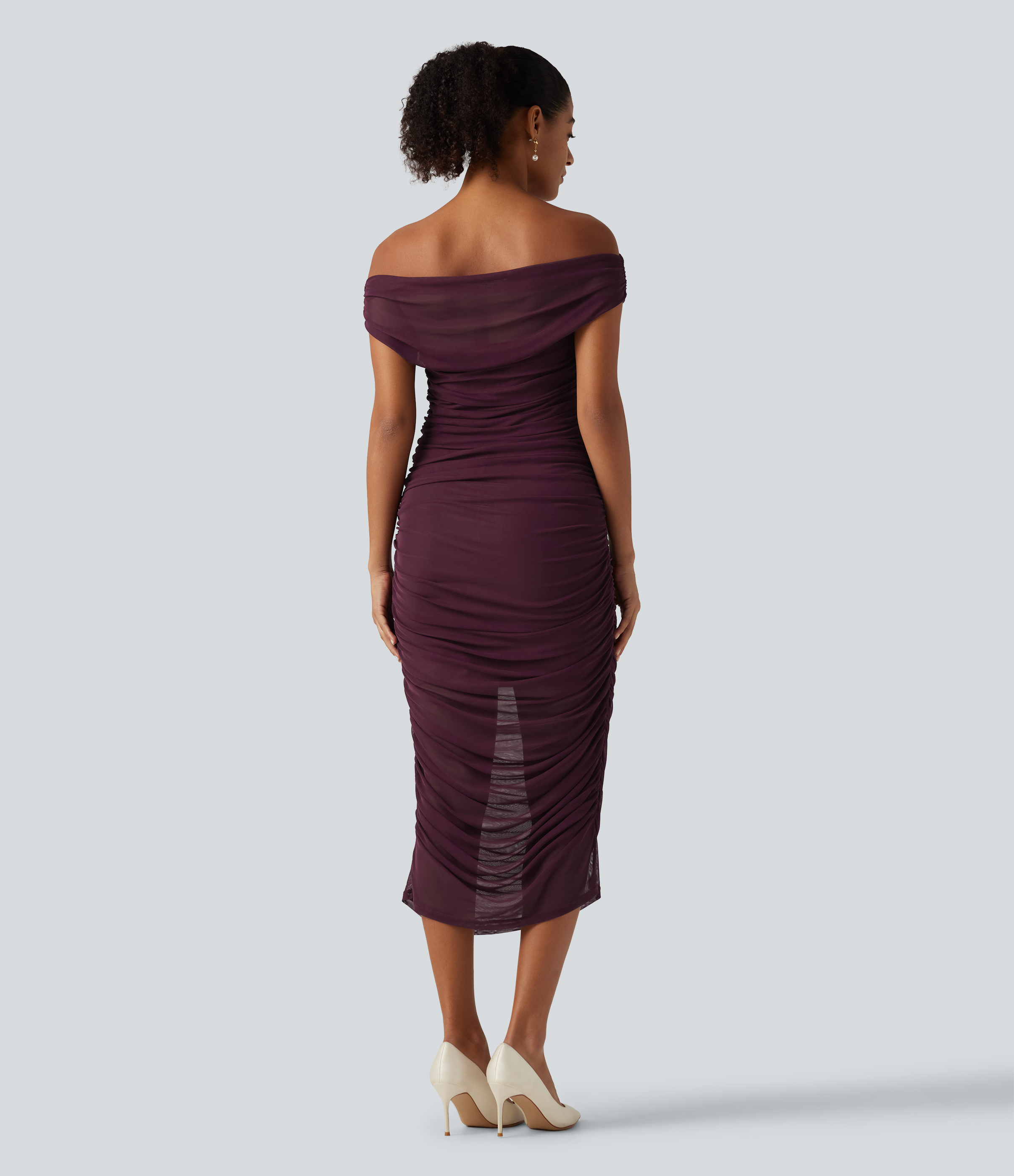 Red Mahogany SoftlyZero™ Off Shoulder Ruched Mesh Bodycon Party Midi Dress / 2