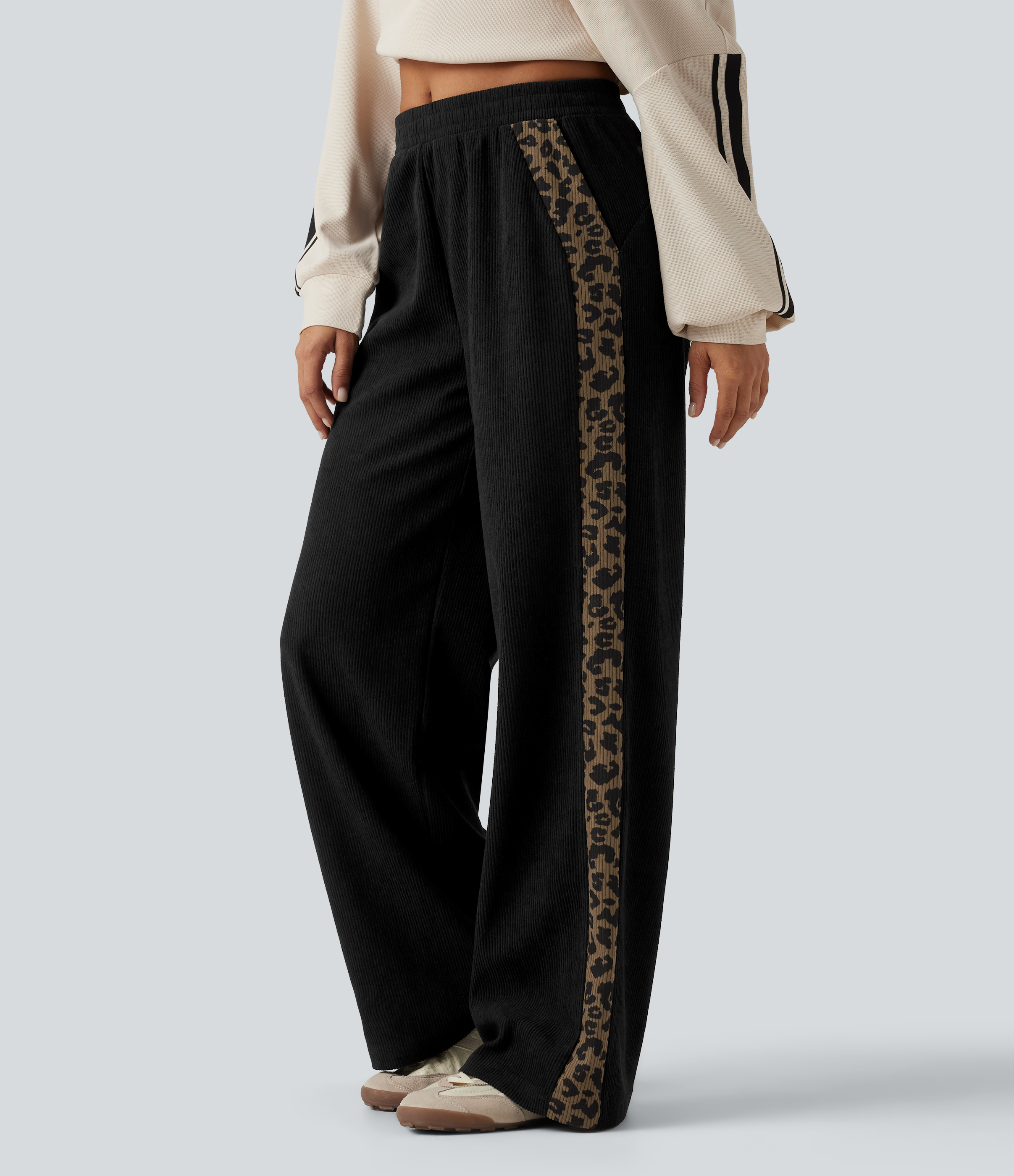 Mid Rise Leopard Print Corduroy Straight Leg Casual Pants with Pockets