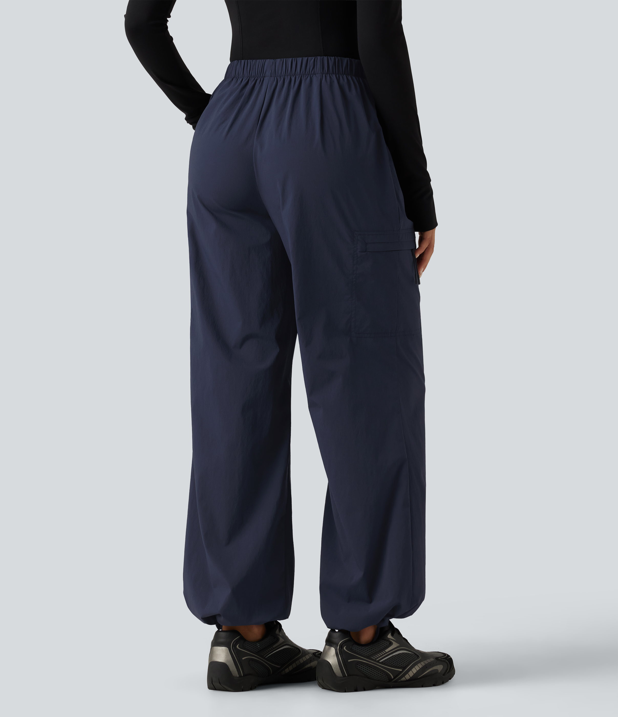 Midnight Blue Mid Rise Drawstring Ruched Wide Leg Hiking Pants with Pockets / 2