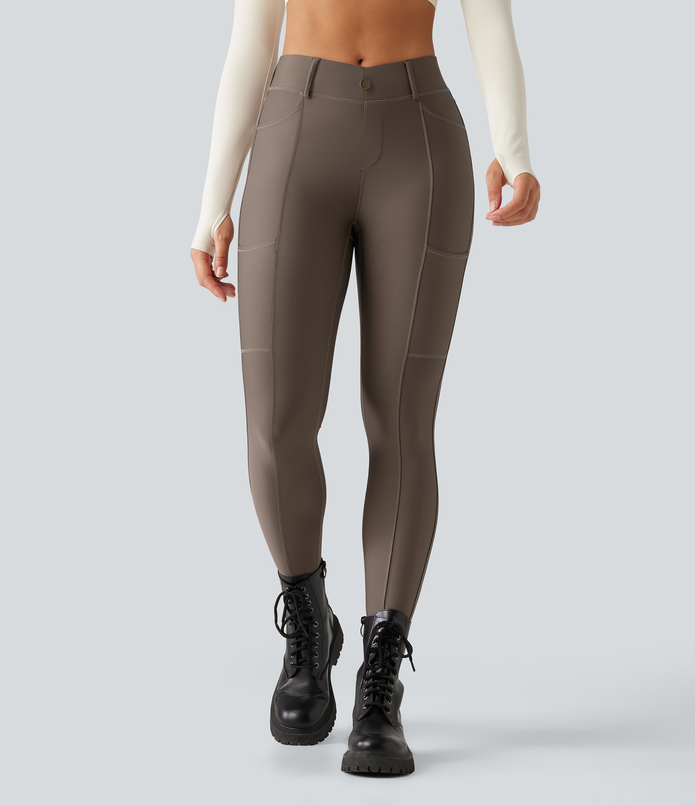 Mid Rise Skinny Sheen Quick Dry Hiking Leggings with Pockets