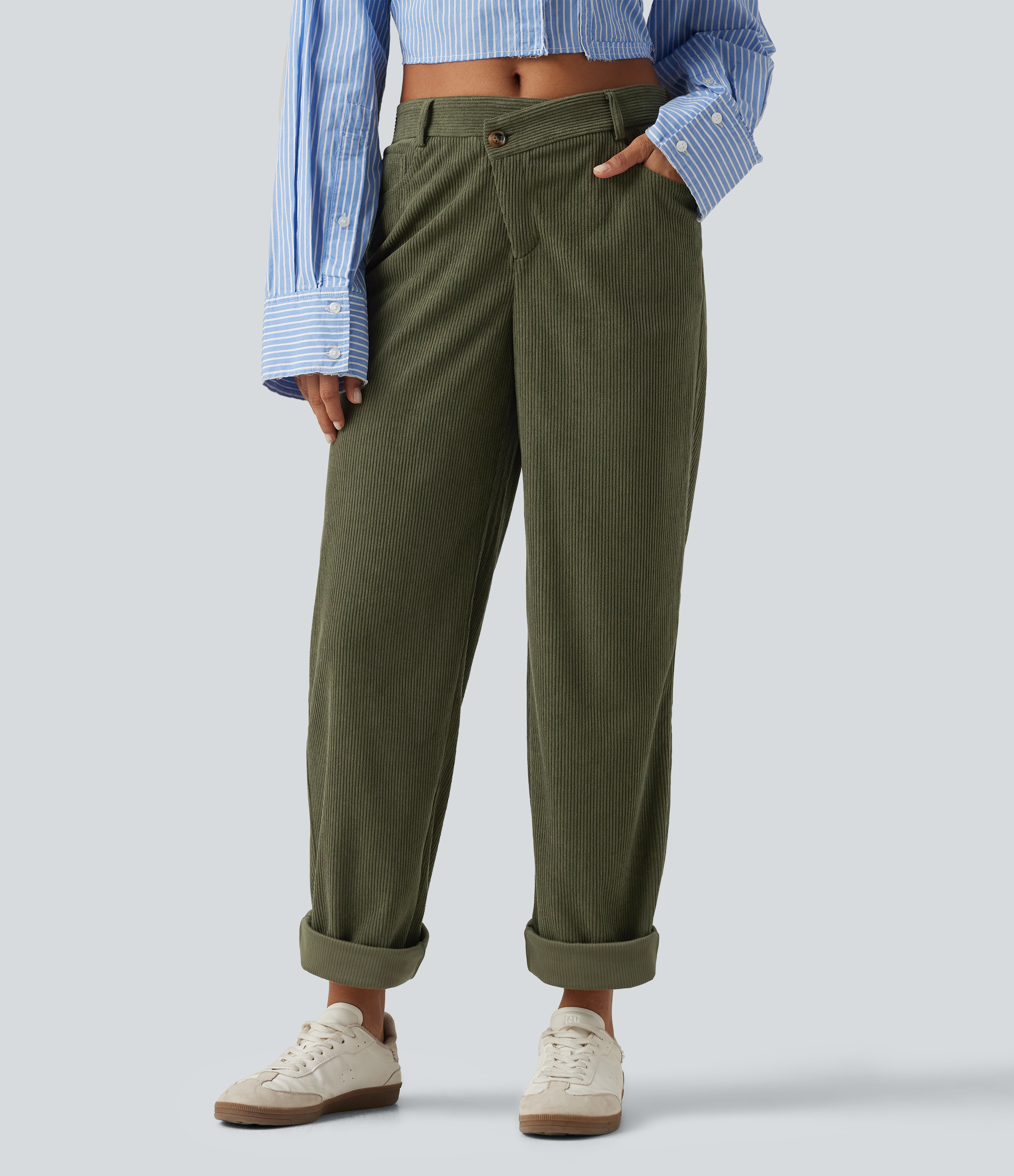 Mid Rise Tapered Rolled Hem Corduroy Casual Pants with Pockets