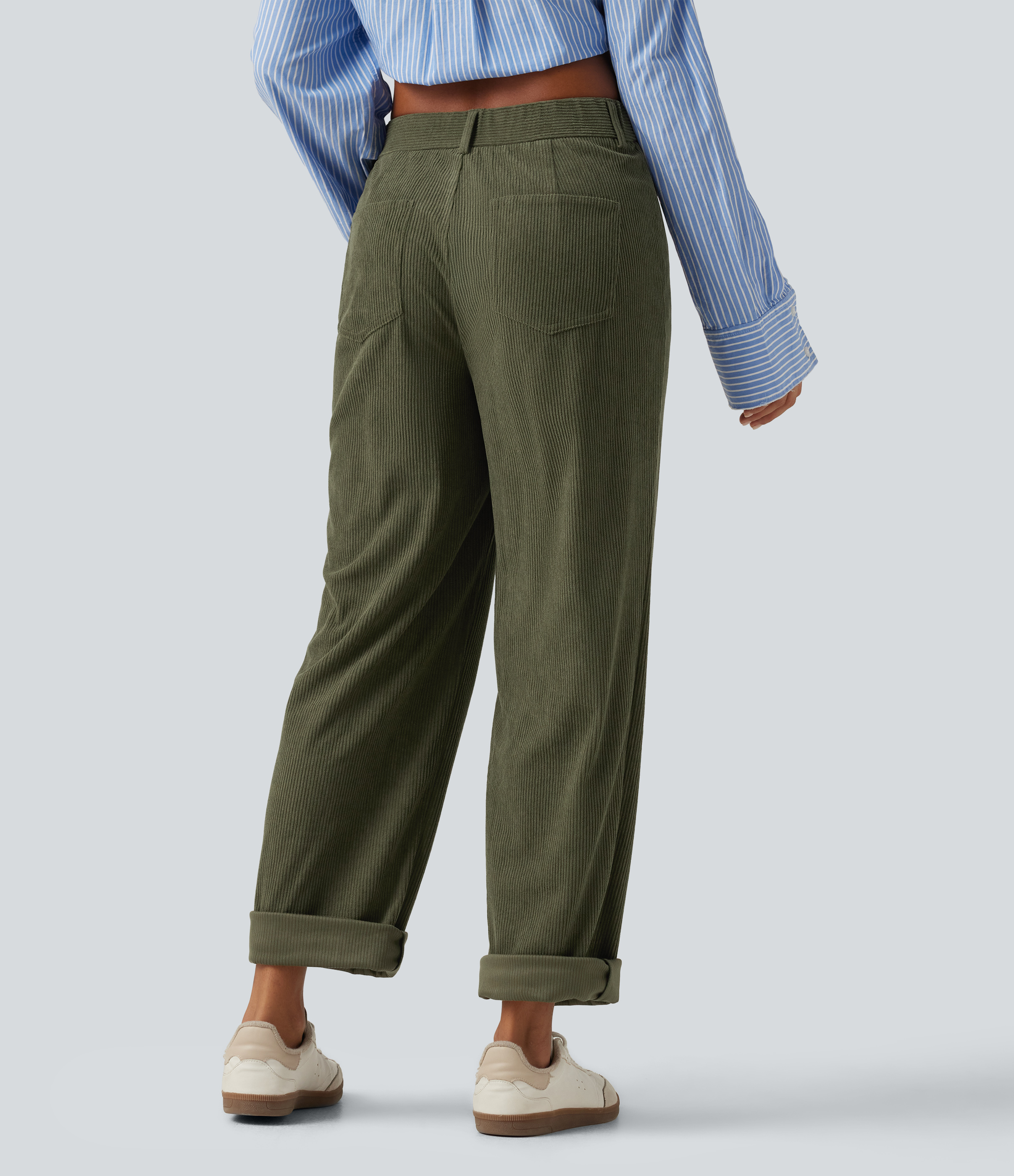 Hazel Mist Green Pantalon décontracté en velours côtelé, taille mi-haute, coupe fuselée, ourlet retroussé, avec poches / 2