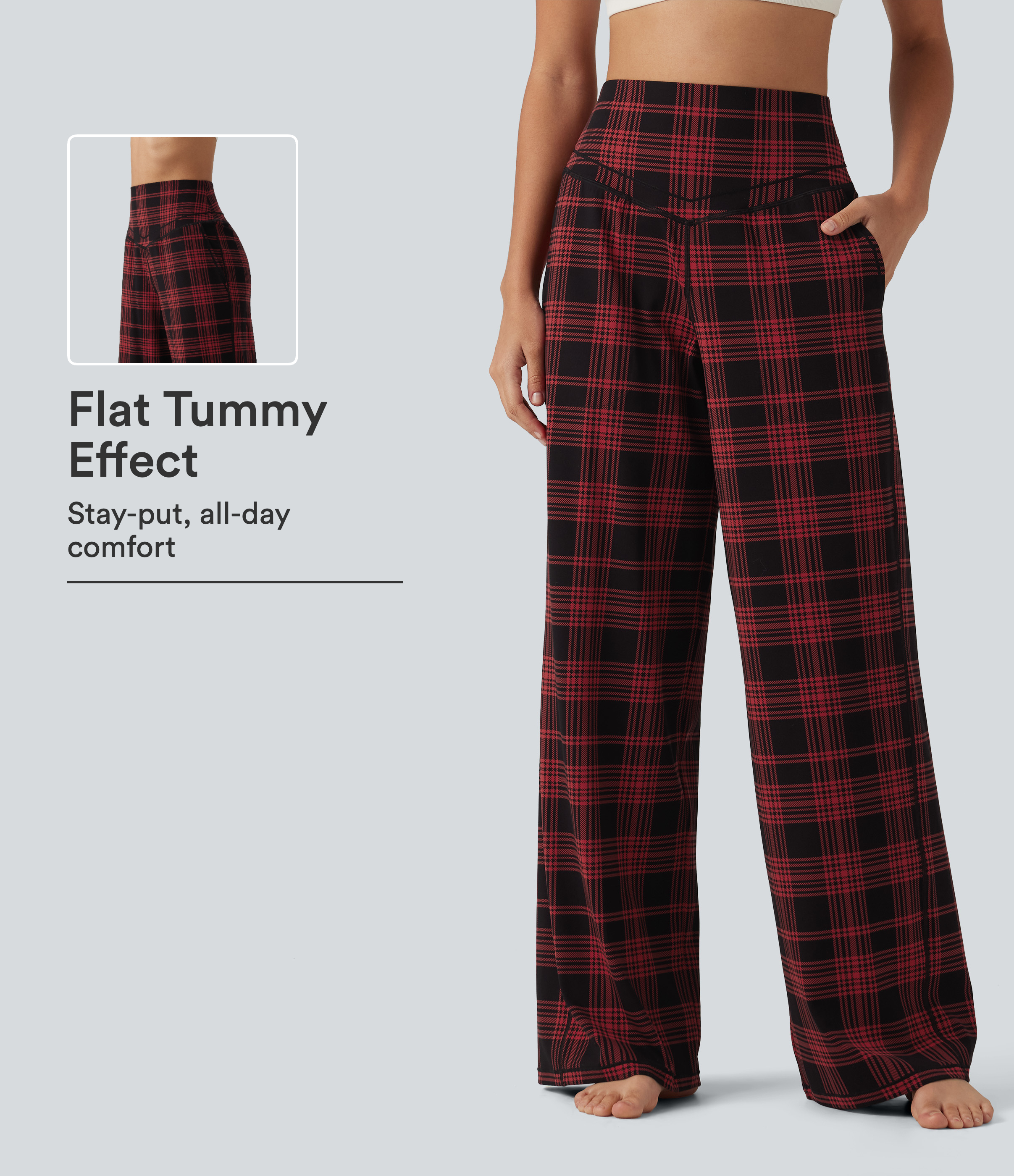 High Waisted Tummy Control Plaid Straight Leg Yoga Pants with Pockets