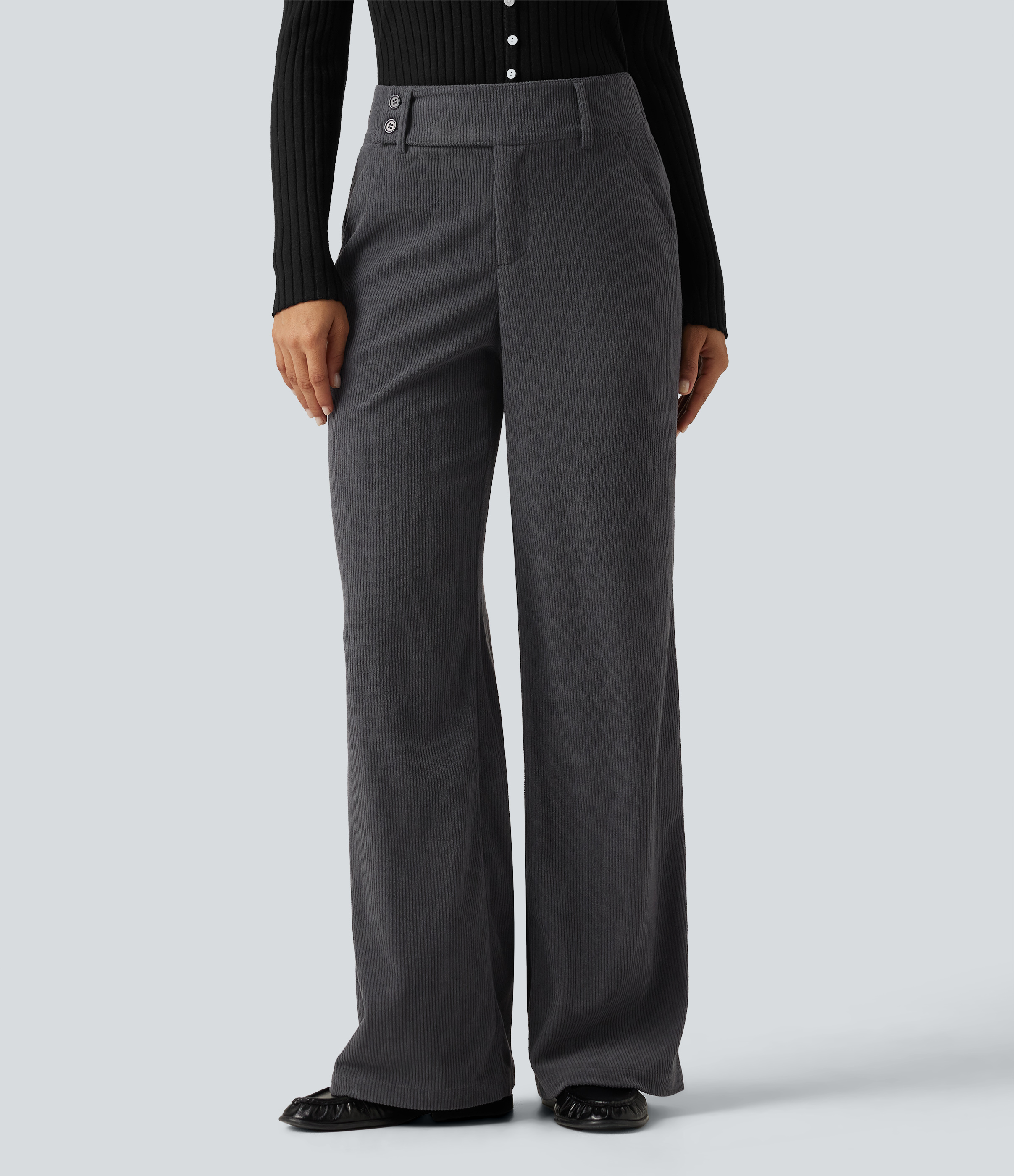 Mid Rise Corduroy Bootcut Casual Pants with Pockets