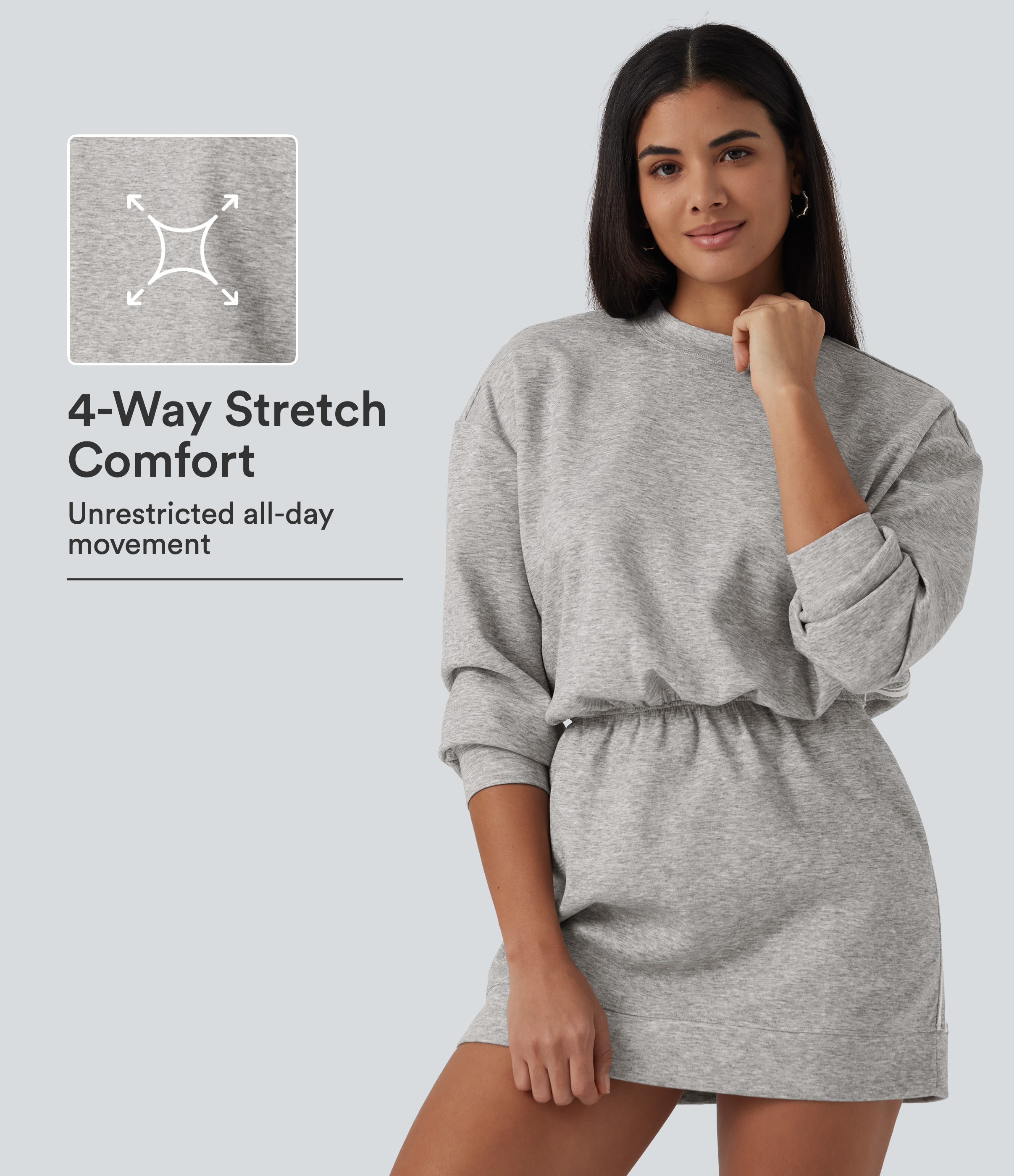 Round Neck Dropped Casual Sweatshirt Mini Dress with Pockets