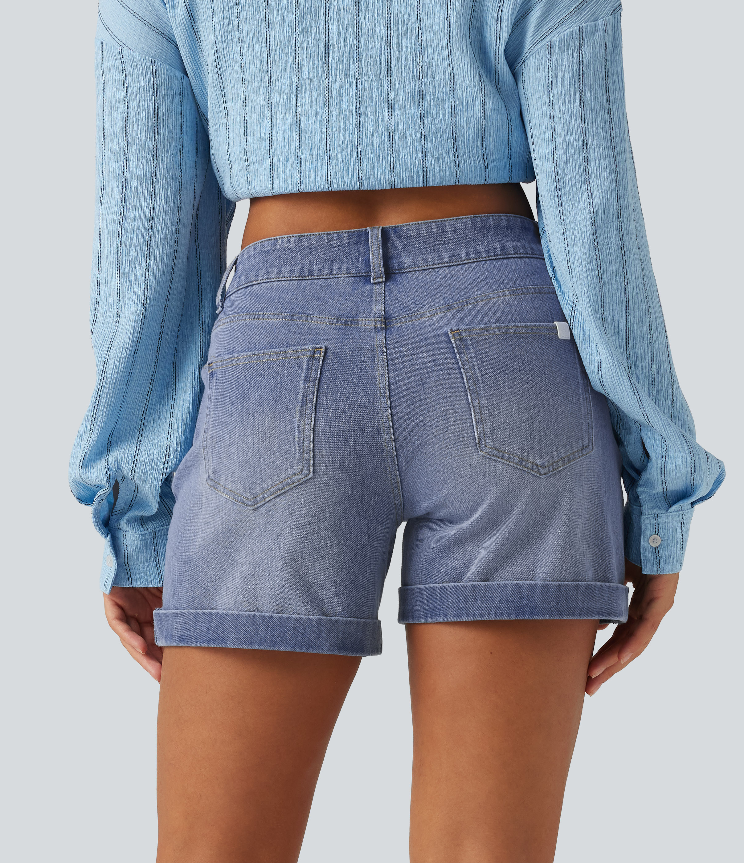 Malibu Blue Denim Halara Flex™ Denim Low Rise Rolled Hem Casual Shorts 5" with Pockets / 2