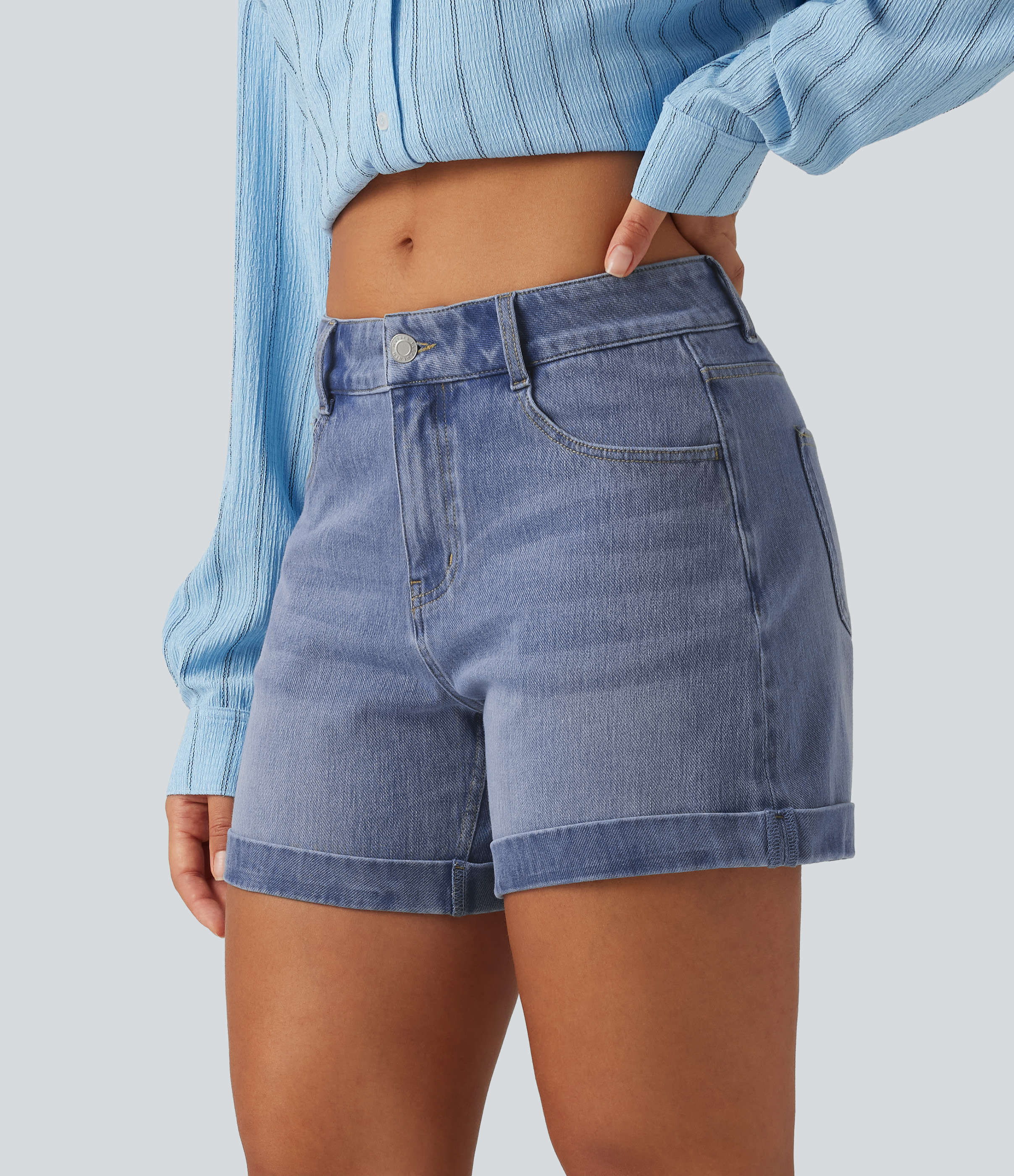 Malibu Blue Denim Halara Flex™ Denim Low Rise Rolled Hem Casual Shorts 5" with Pockets / 1