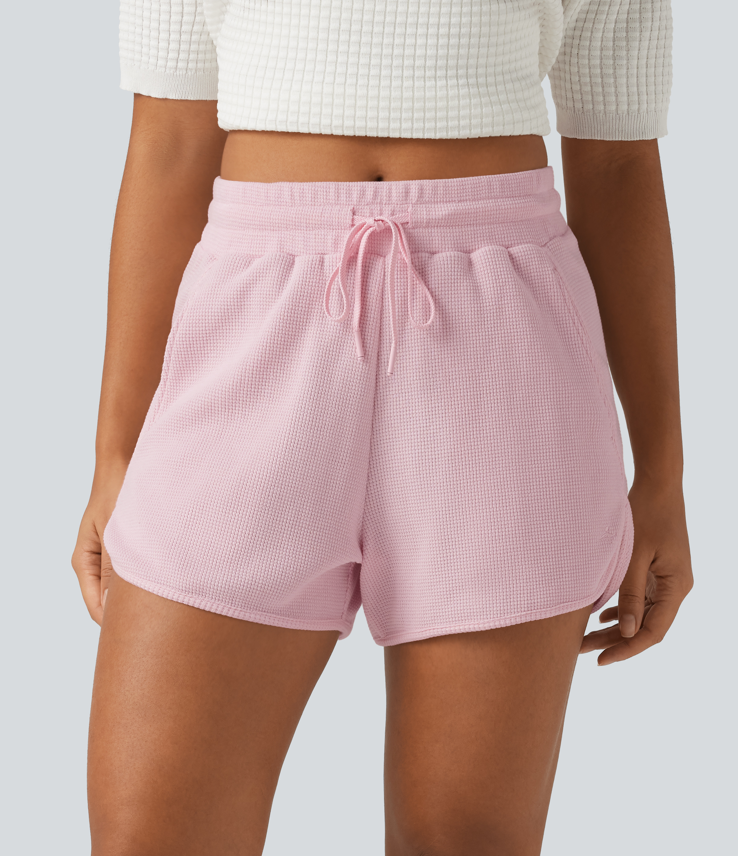 Mid Rise Drawstring Wide Leg Waffle Casual Cotton Shorts 3" with Pockets
