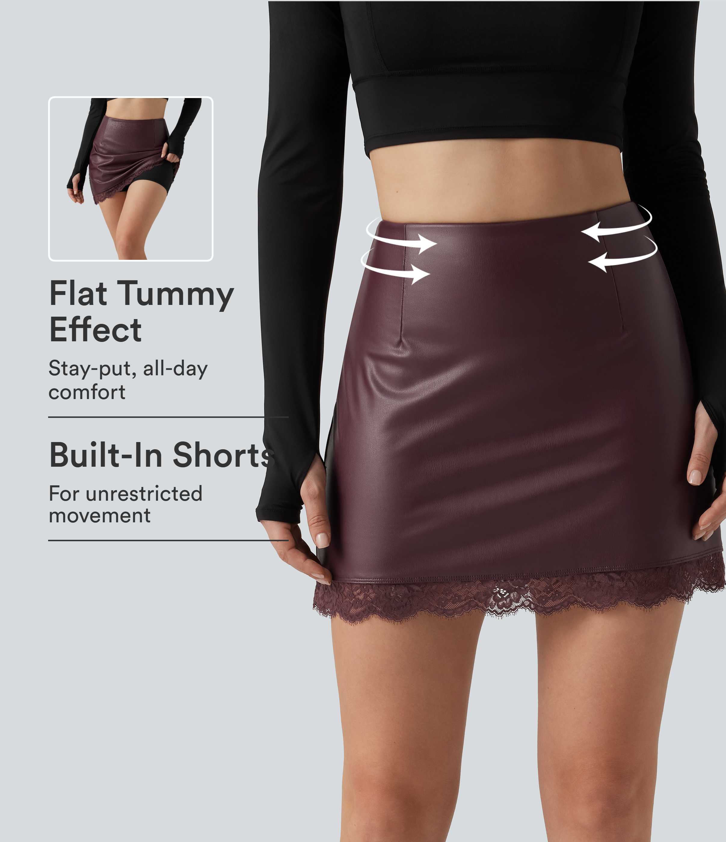 High Waisted Tummy Control Contrast Lace A-Line Casual Mini Skirt with Built-In Shorts