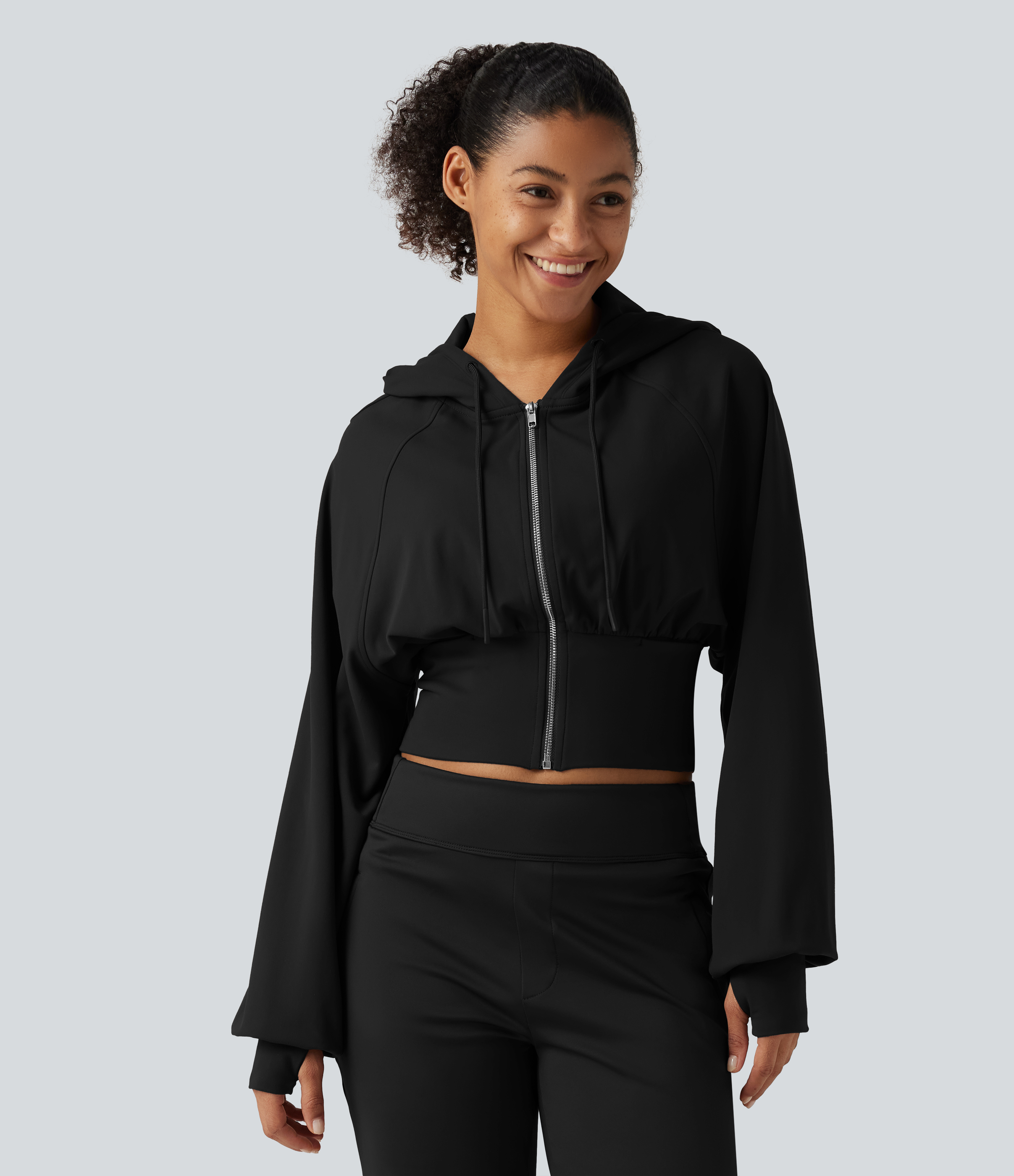 Hooded Raglan Sleeve Cropped Yoga Jacket with Hidden Pocket and Thumb Holes 