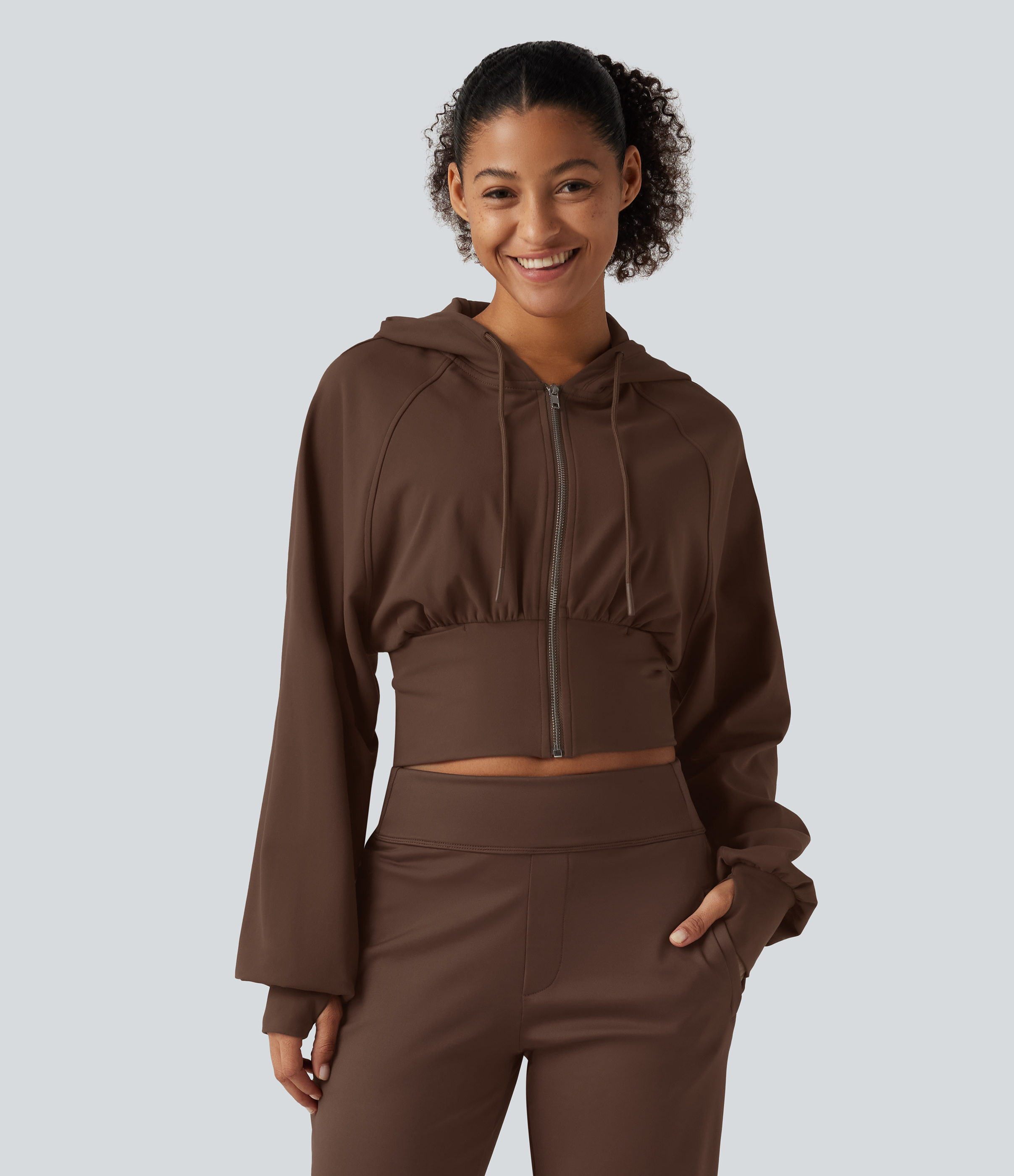 Hooded Raglan Sleeve Cropped Yoga Jacket with Hidden Pocket and Thumb Holes 