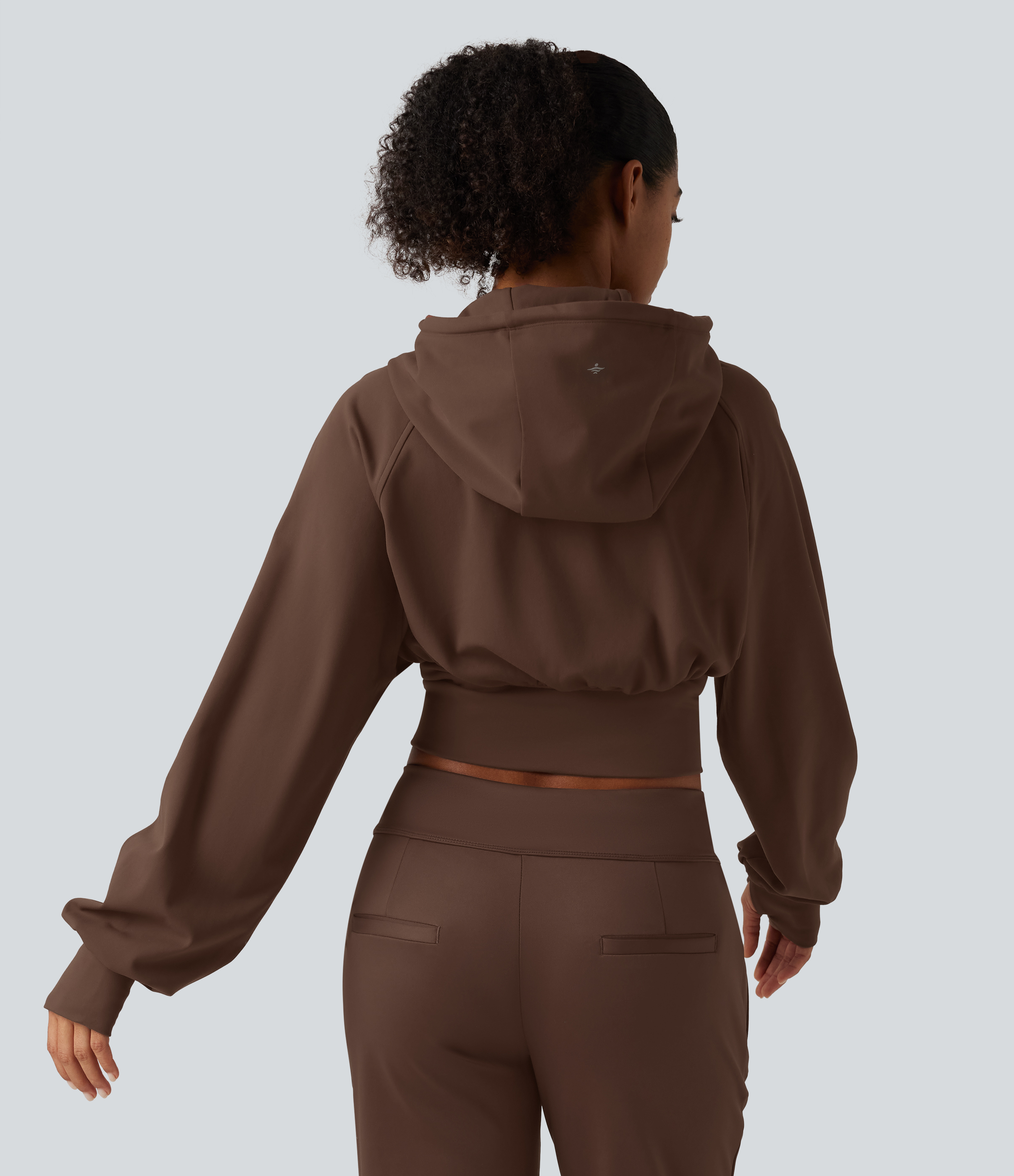 Bison Hooded Raglan Sleeve Cropped Yoga Jacket with Hidden Pocket and Thumb Holes  / 2