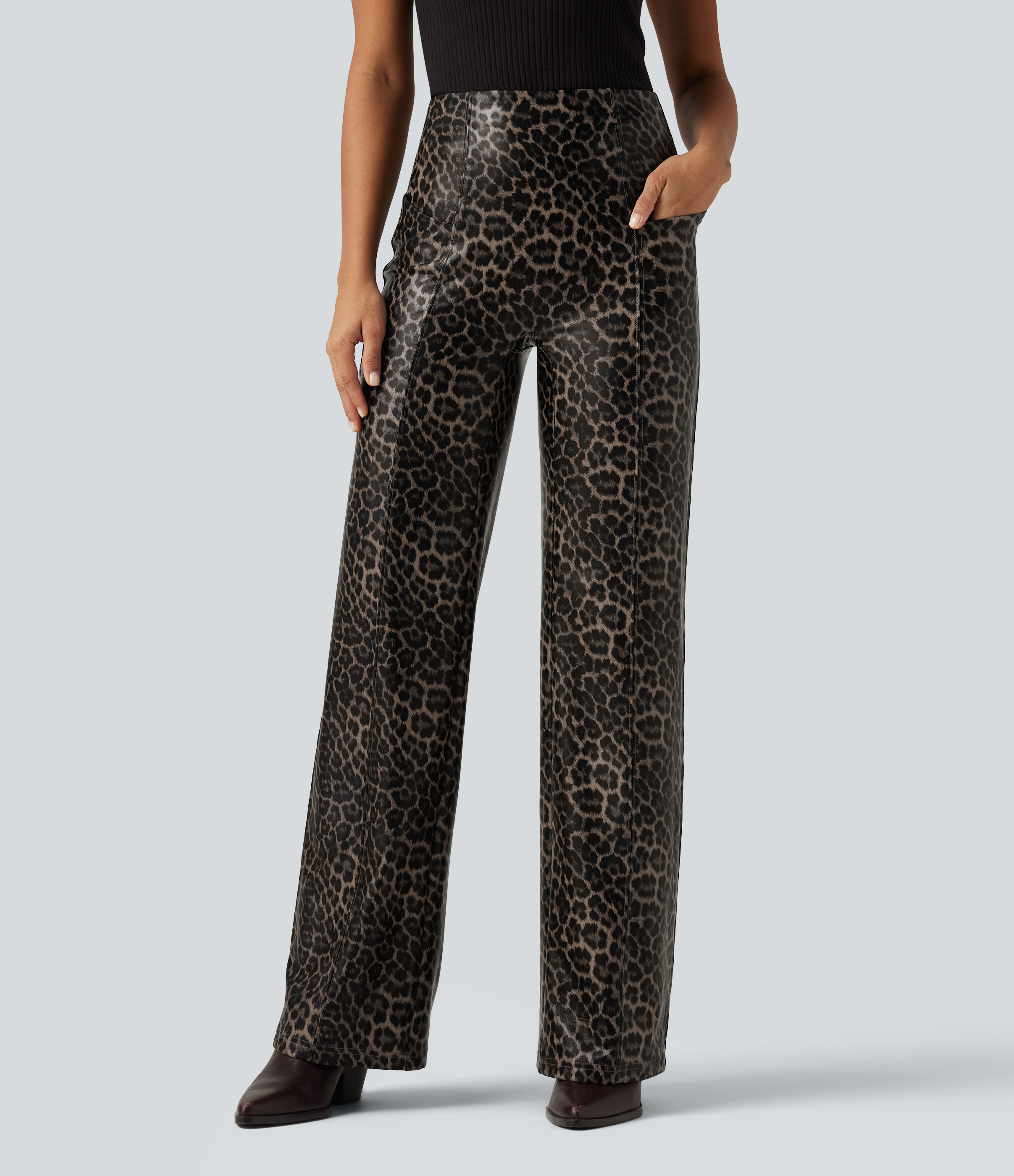 High Waisted Stretchy PU Leopard Print Leather Flare Casual Pants with Pockets