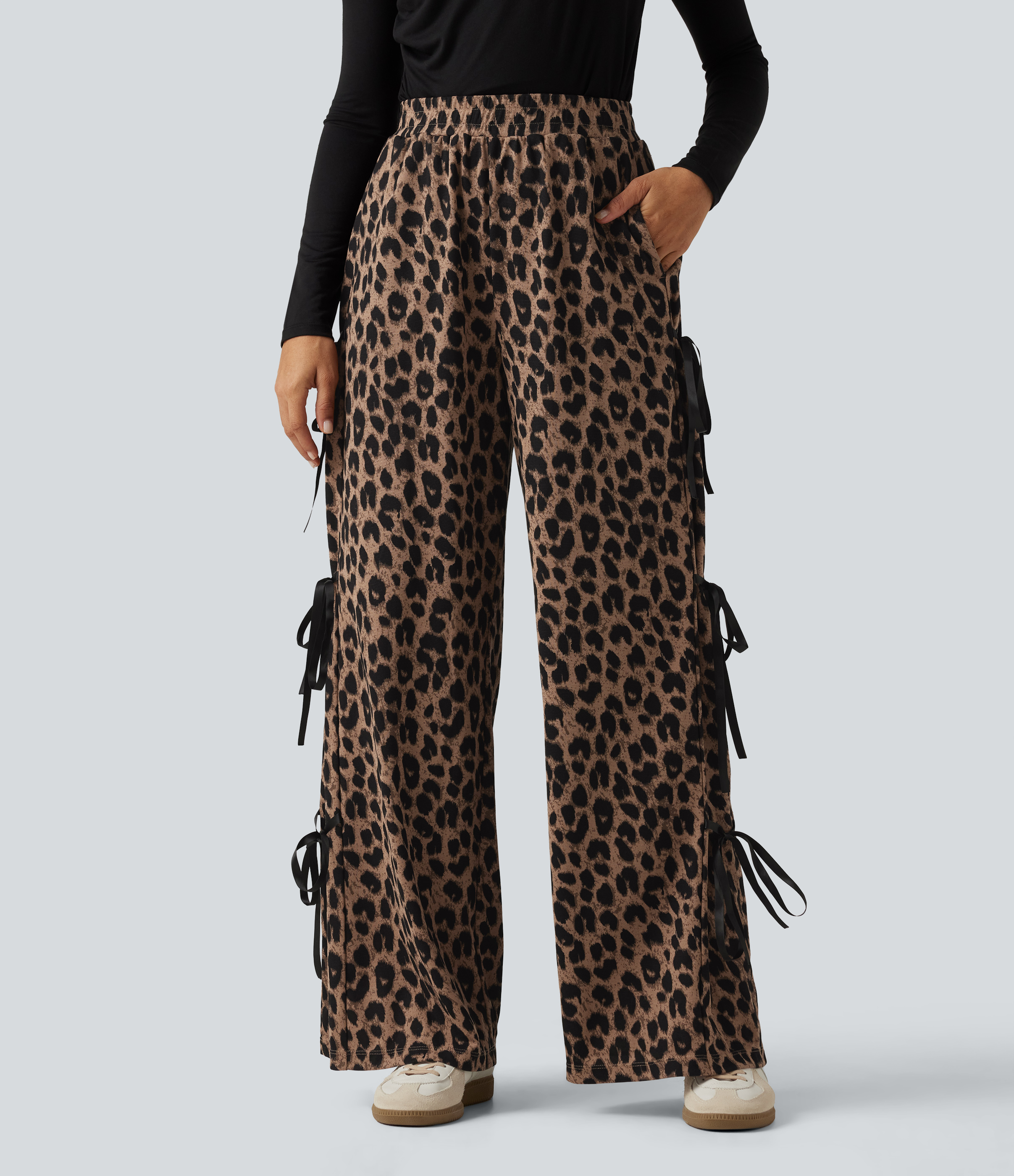 High Waisted Leopard Print Waffle Wide Leg Casual Pants with Pockets