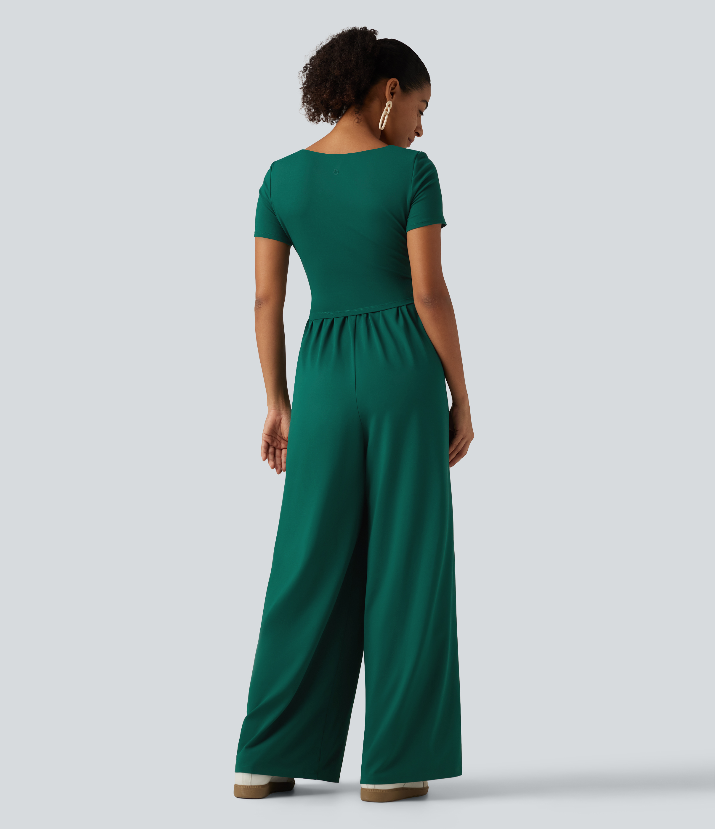 Rain Forest Square Neck Short Sleeve Wide Leg Casual Jumpsuit with Pockets - Easy Peezy Edition / 2