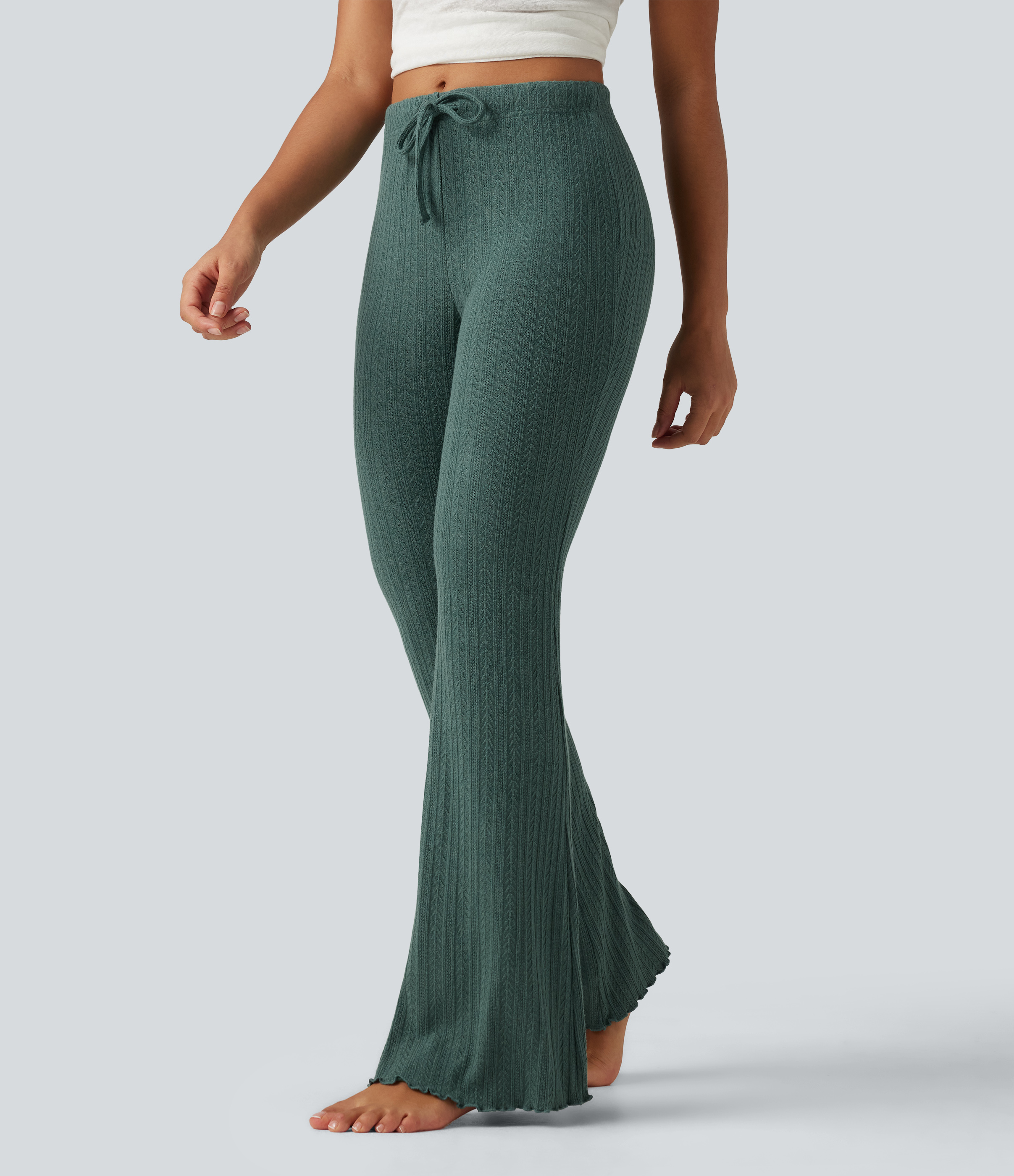 Cable Knit Mid Rise Drawstring Casual Flare Pants
