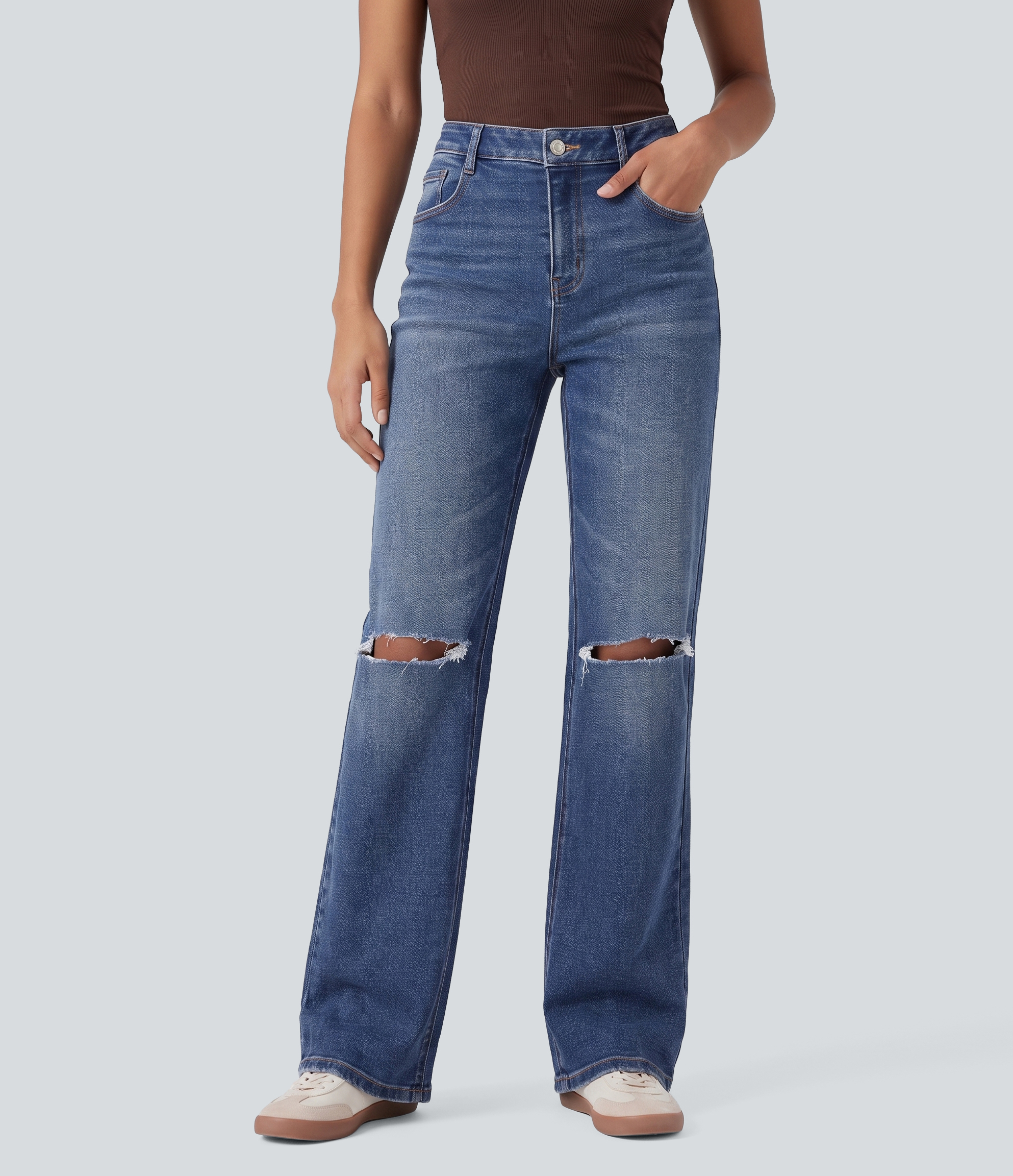 High Waisted Ripped Straight Leg Casual Jeans with Pockets