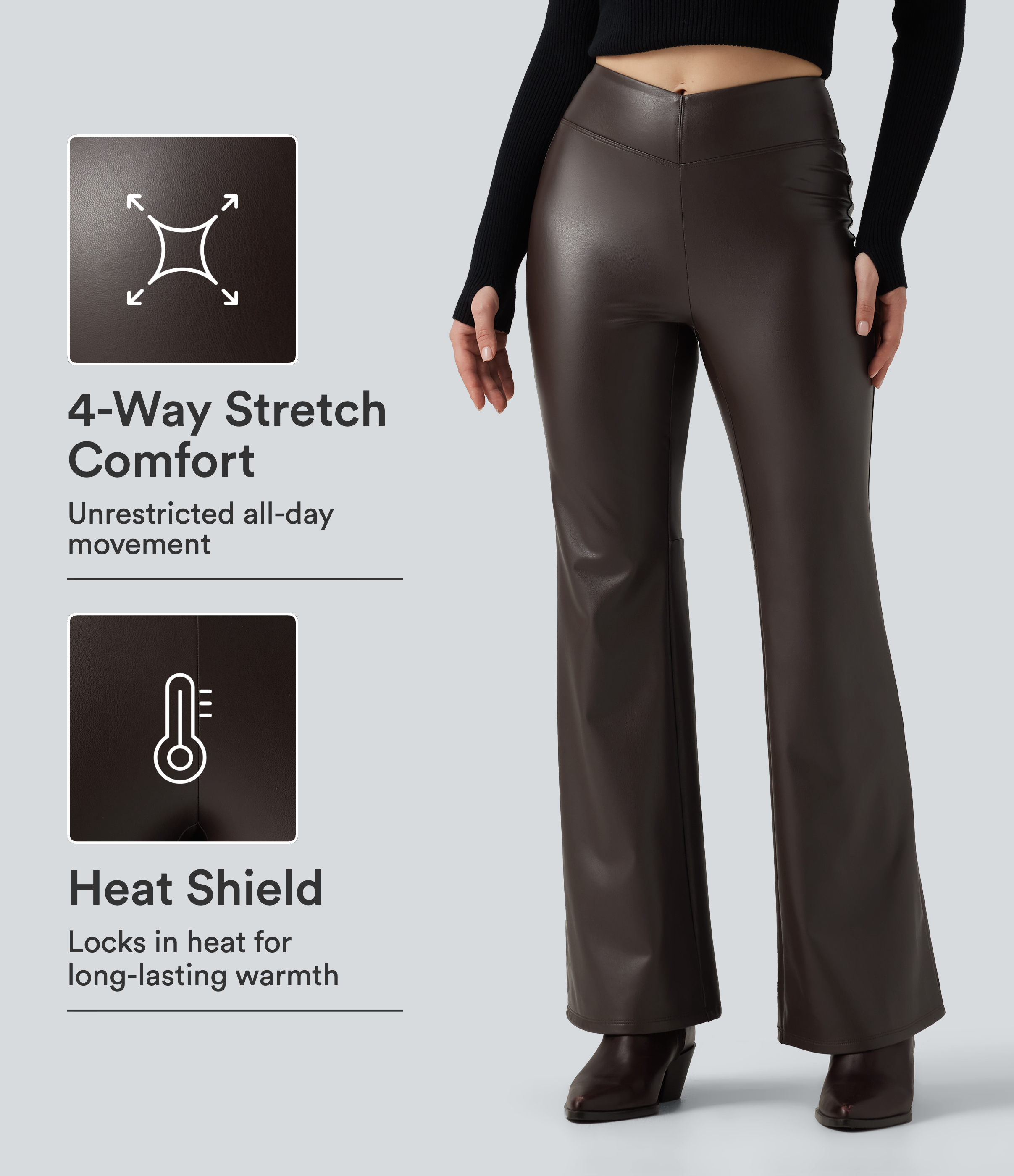 Mid Rise Stretchy PU Fleece Bootcut Casual Pants with Pocket