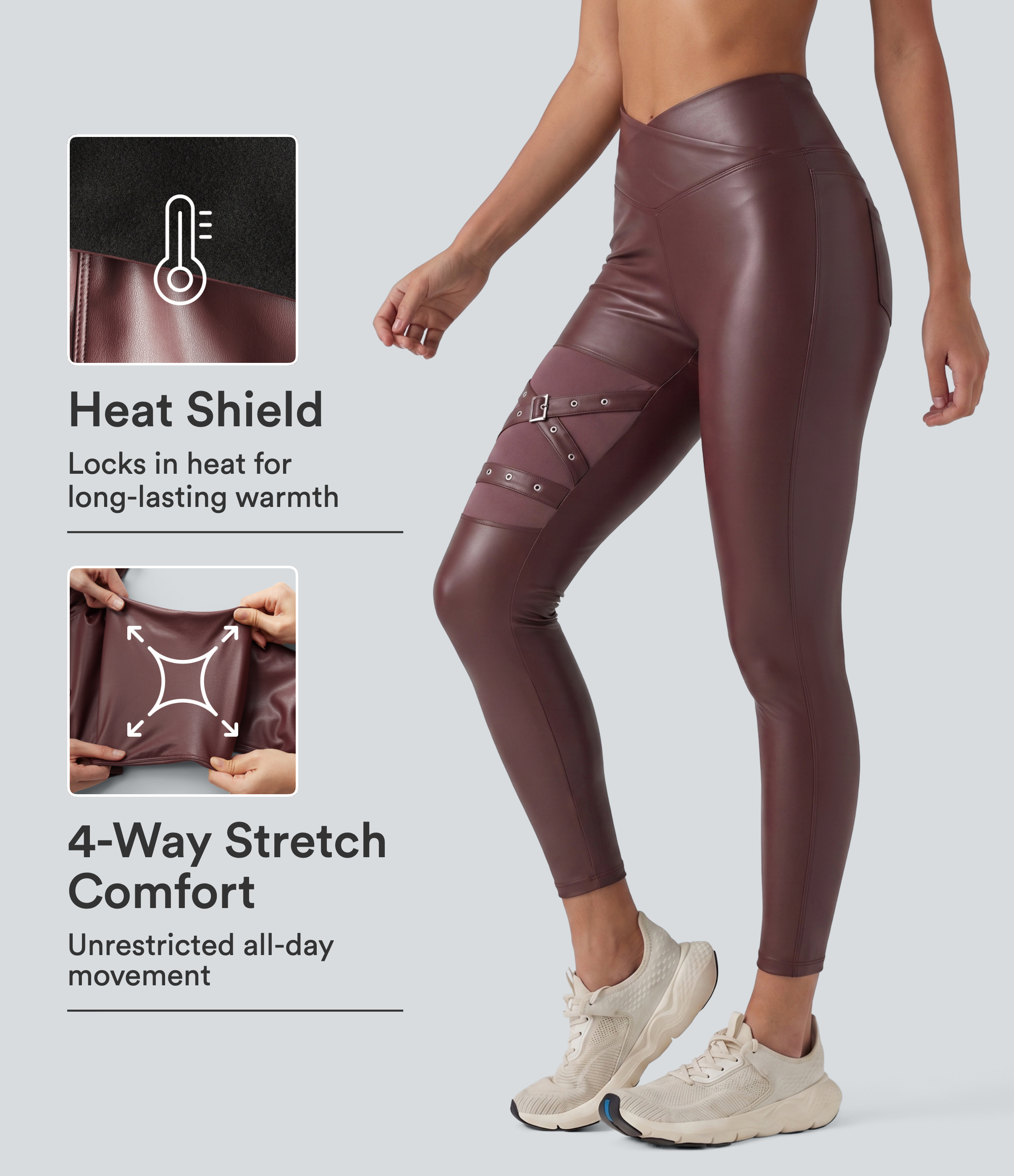 High Waisted Crossover Tummy Control Stretchy PU Fleece Casual Leggings with Pockets