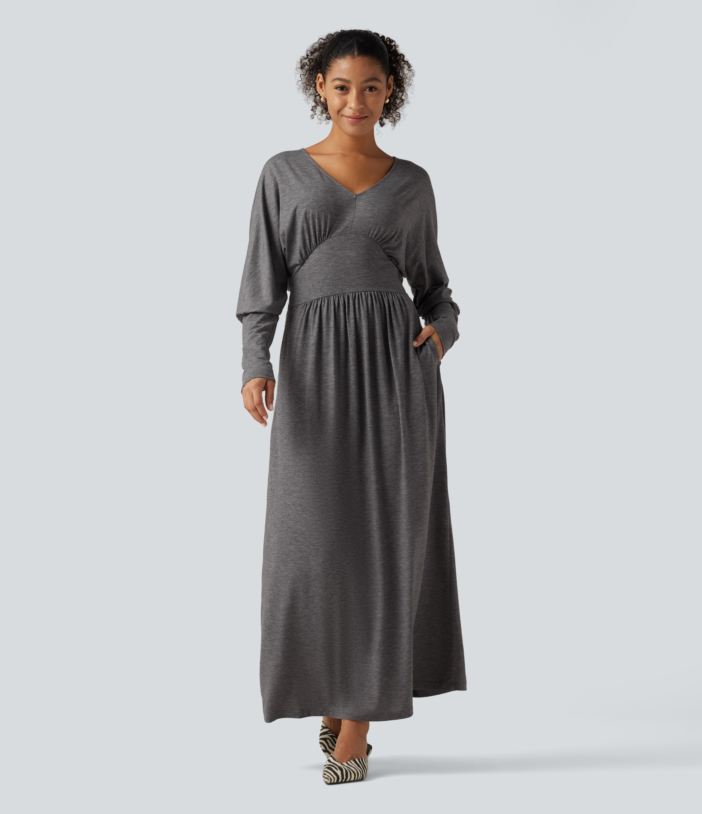 V Neck Long Sleeve Ruched Maxi Casual Dress with Pockets