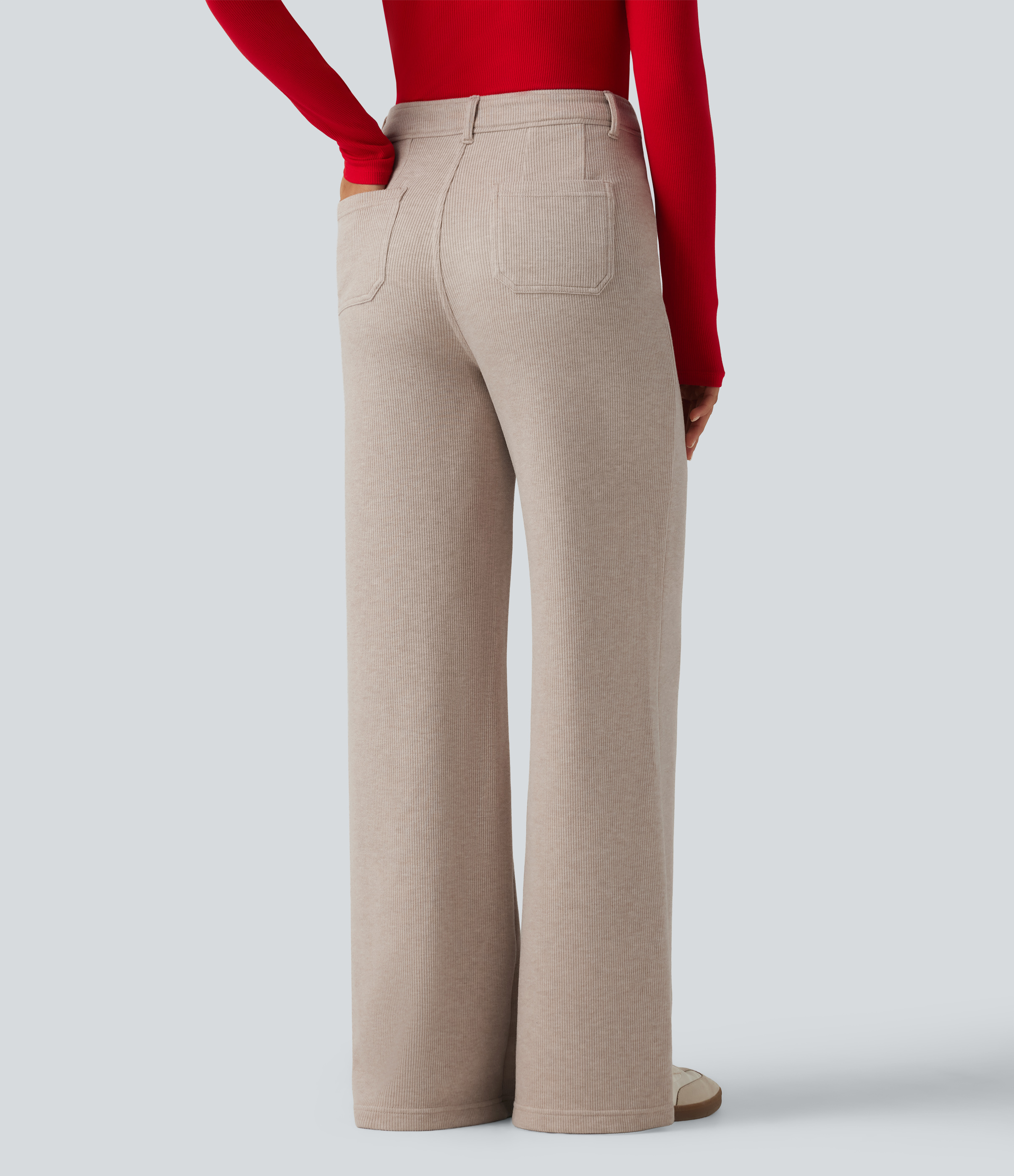 Oatstone Beige Ribbed High Waisted Tummy Control Wide Leg Casual Pants with Front Pockets / 2