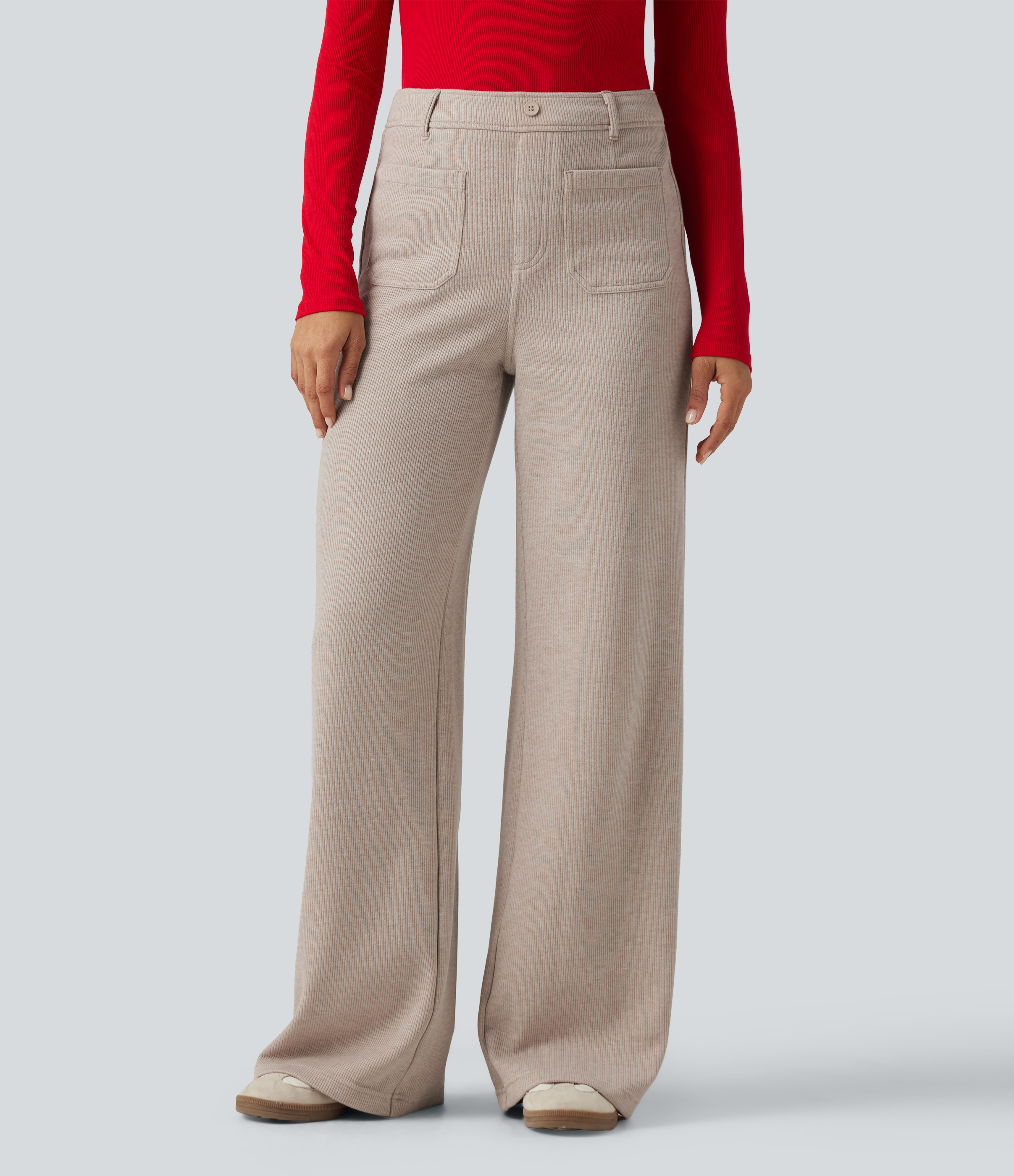 Ribbed High Waisted Tummy Control Wide Leg Casual Pants with Front Pockets