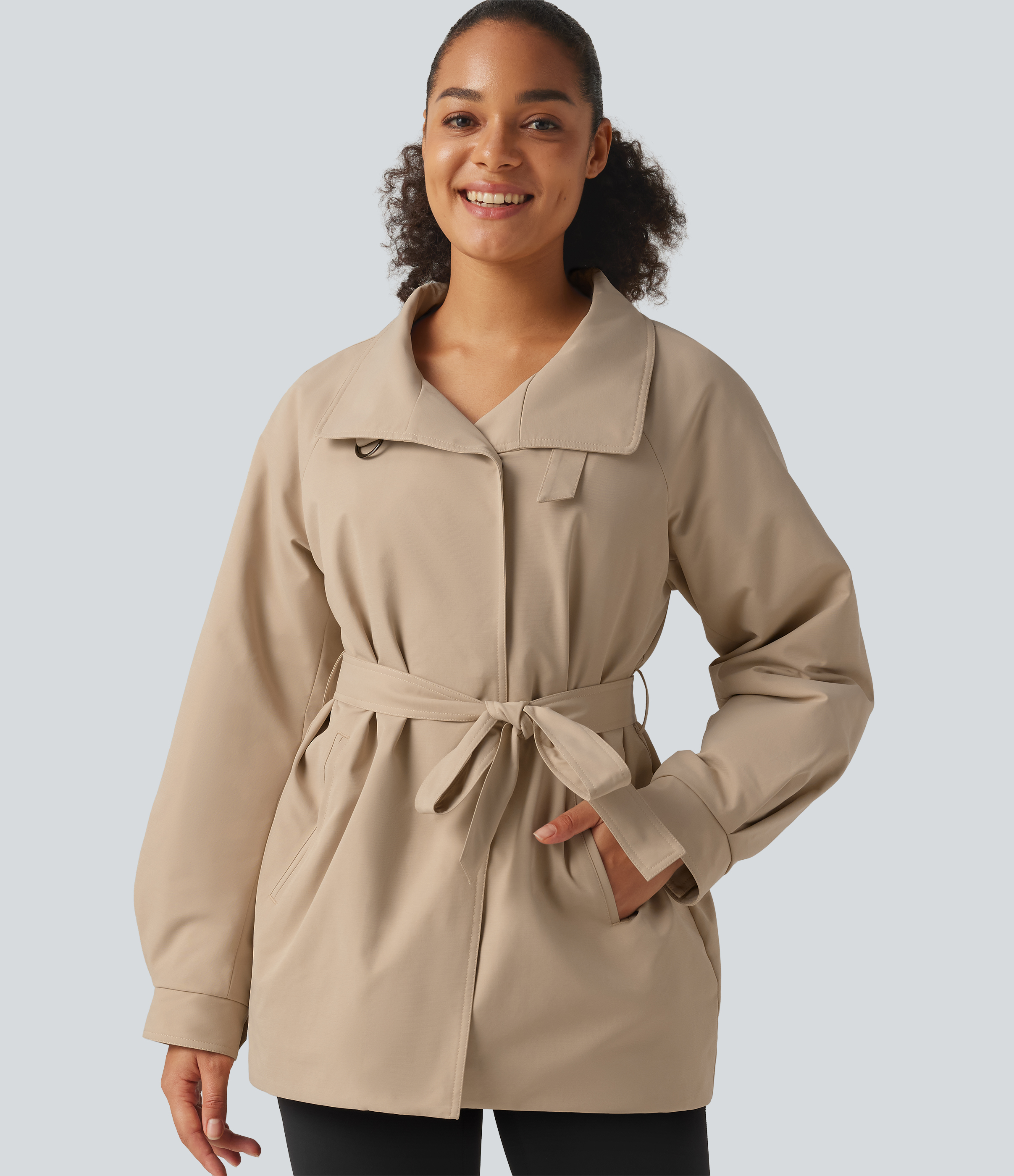 Water Repellent Lapel Collar Long Sleeve Belted Work Padded Jacket with Pockets