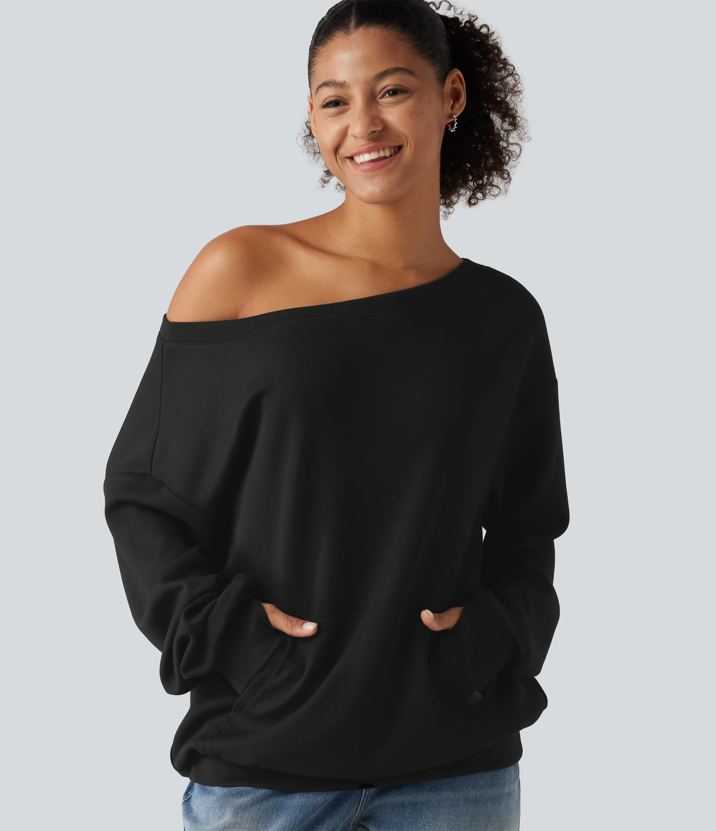 One Shoulder Long Sleeve Pullover Casual Sweatshirt with Pocket and Thumbholes