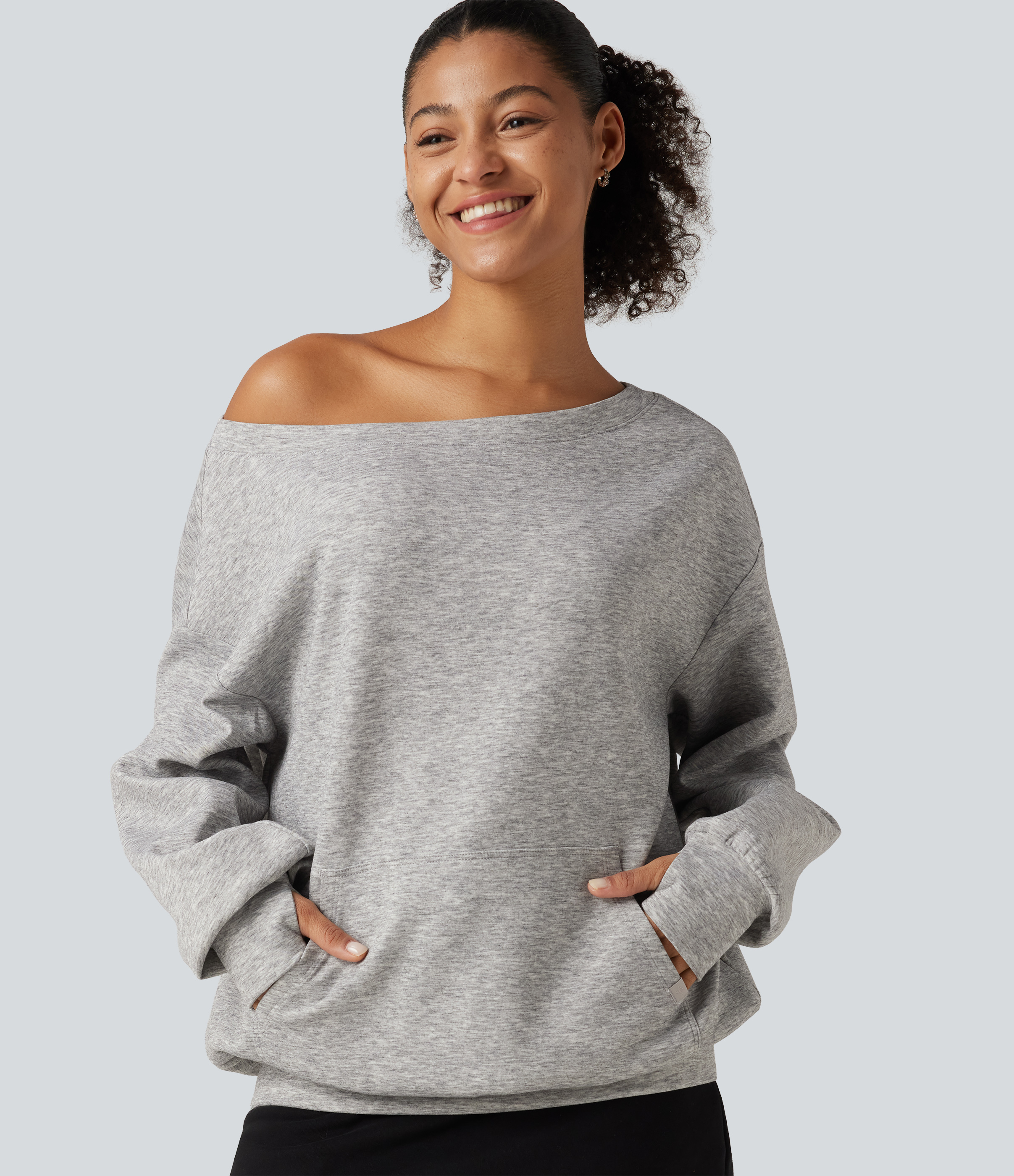 One Shoulder Long Sleeve Pullover Casual Sweatshirt with Pocket and Thumbholes