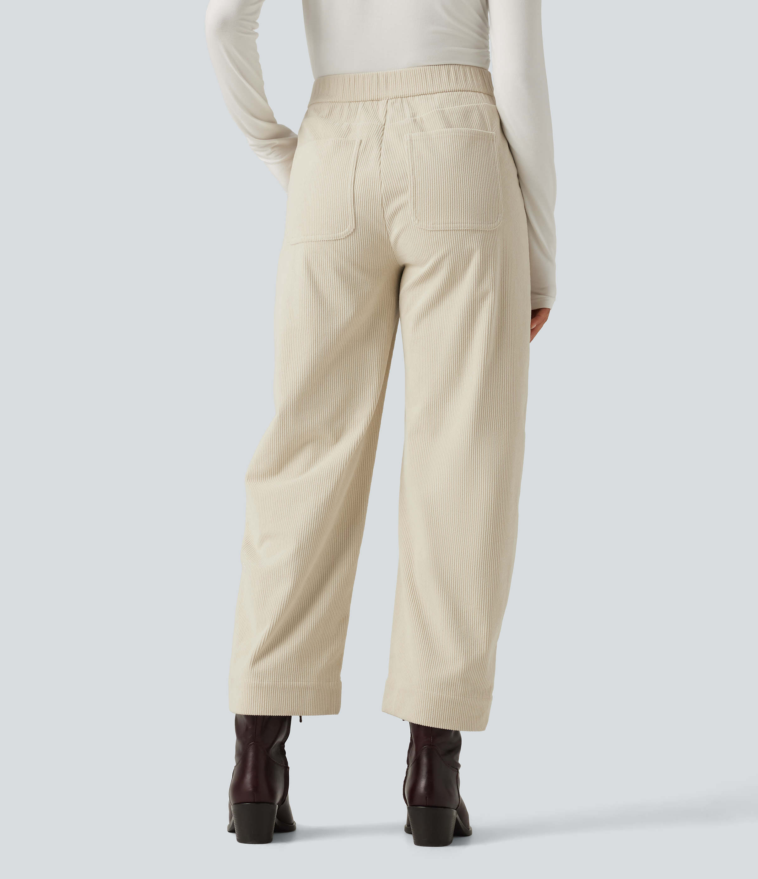 Cream Mist Ribbed High Waisted Barrel Leg Corduroy Casual Pants with Pockets / 2