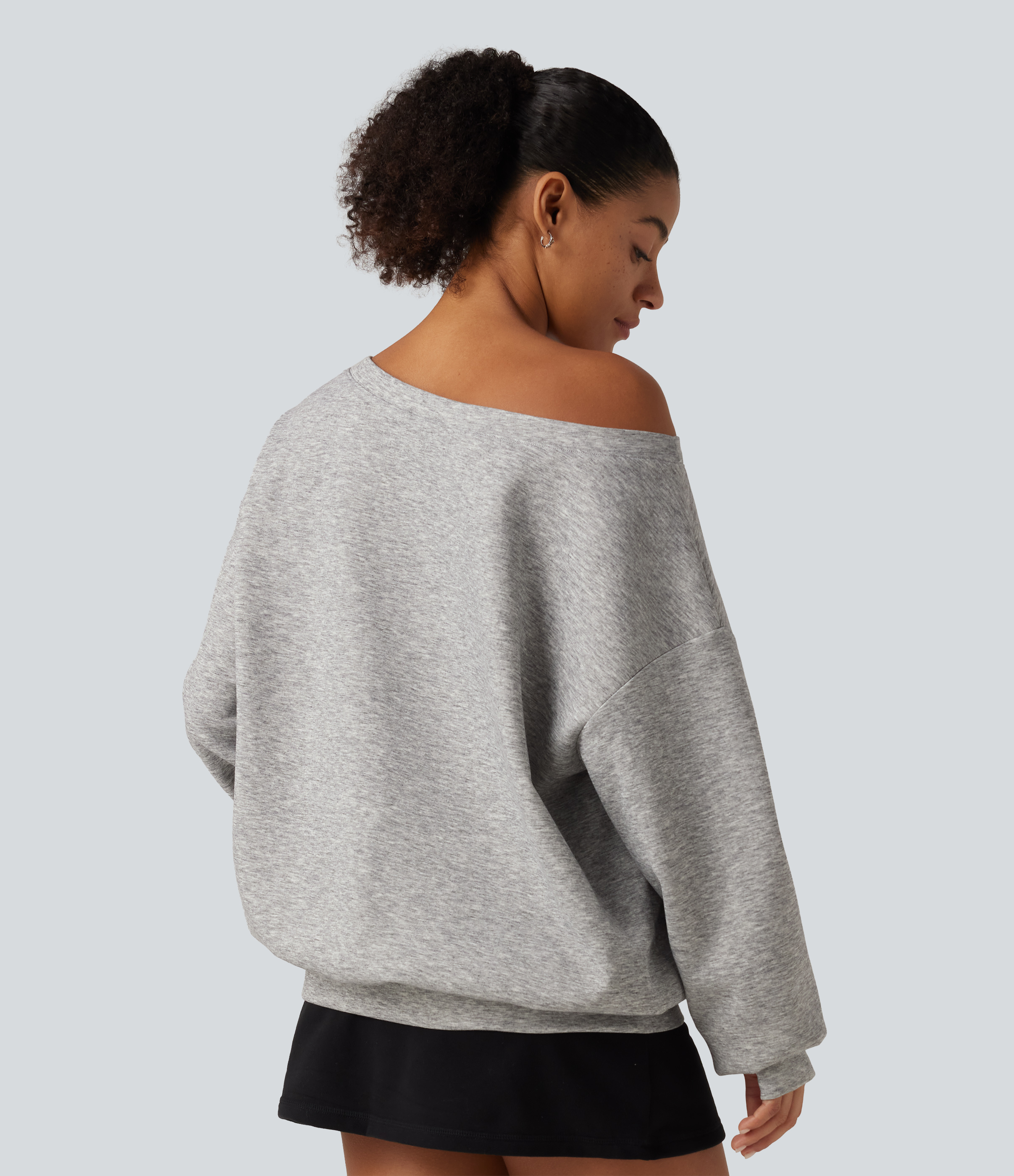 Fog Gray One Shoulder Long Sleeve Pullover Casual Sweatshirt with Pocket and Thumbholes / 2