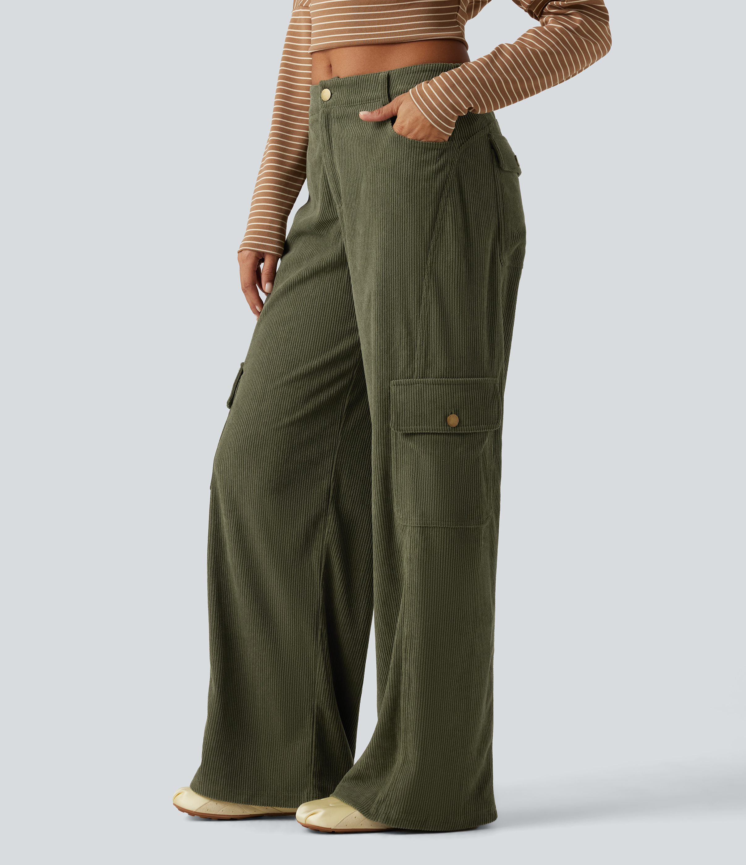 Mid Rise Corduroy Wide Leg Casual Pants with Pockets