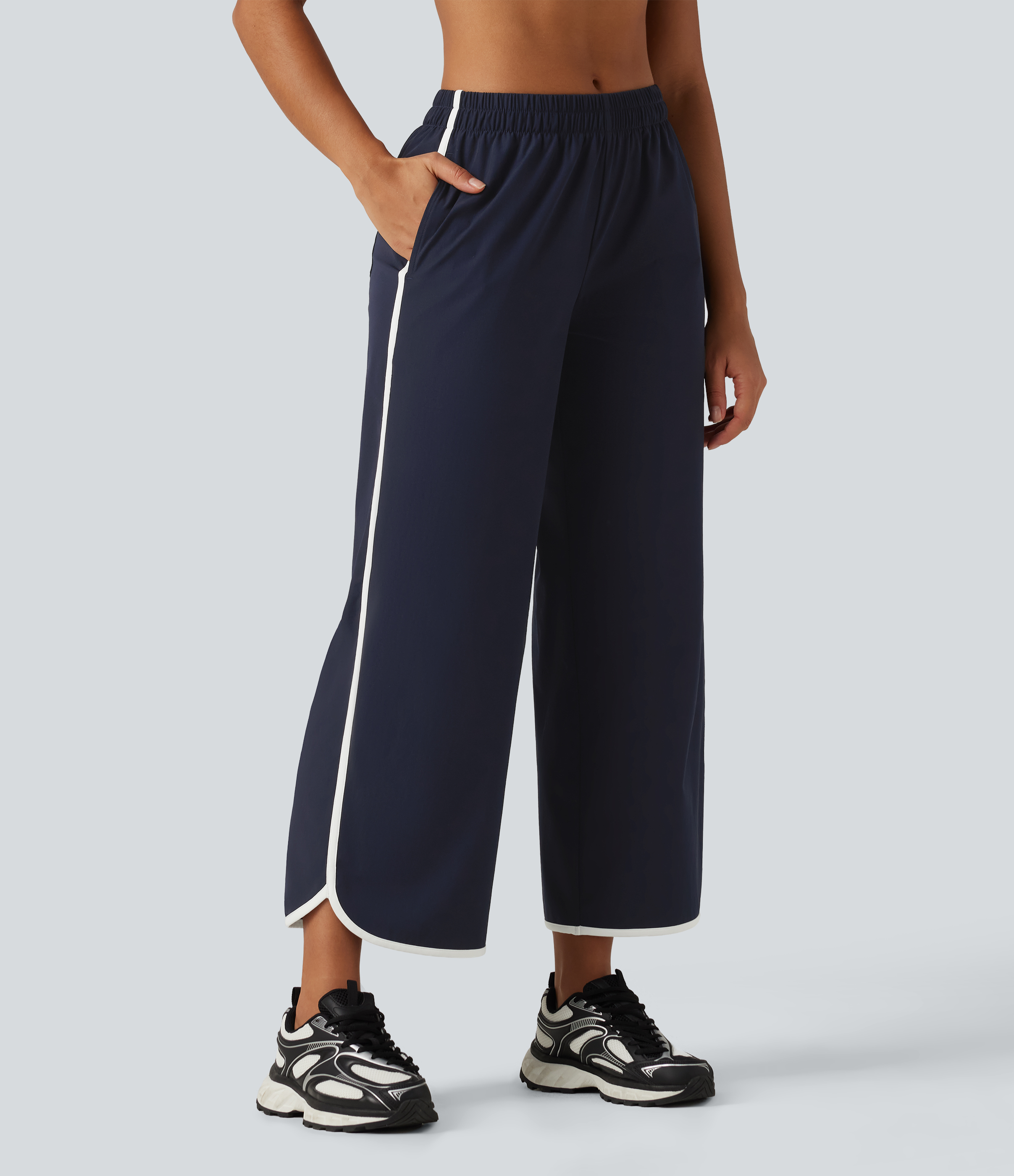 Mid Rise Curved Hem Wide Leg Color Block Running Pants with Pockets