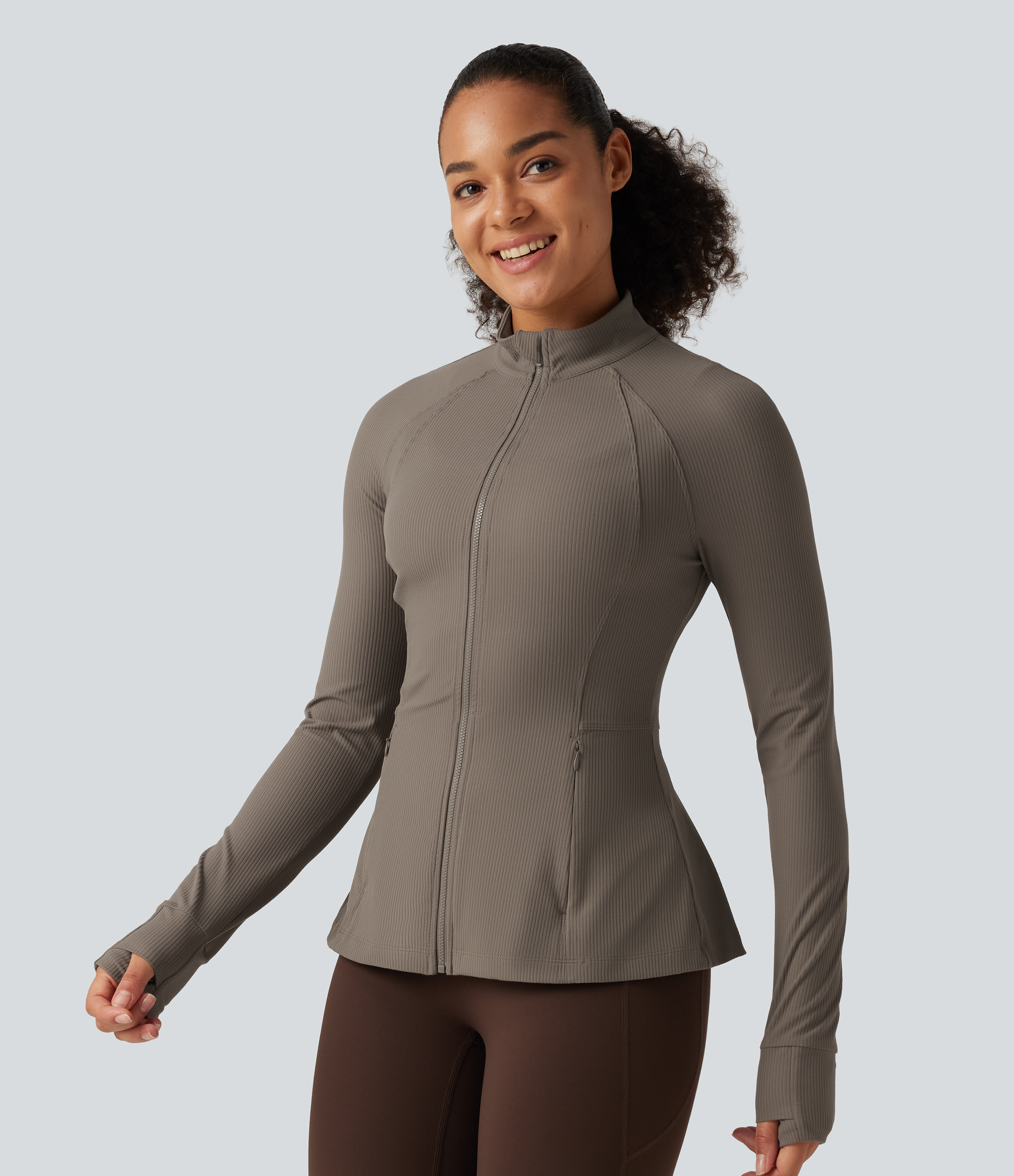 Ribbed Knit Stand Collar Long Sleeve Thumb Hole Yoga Jacket with Pockets
