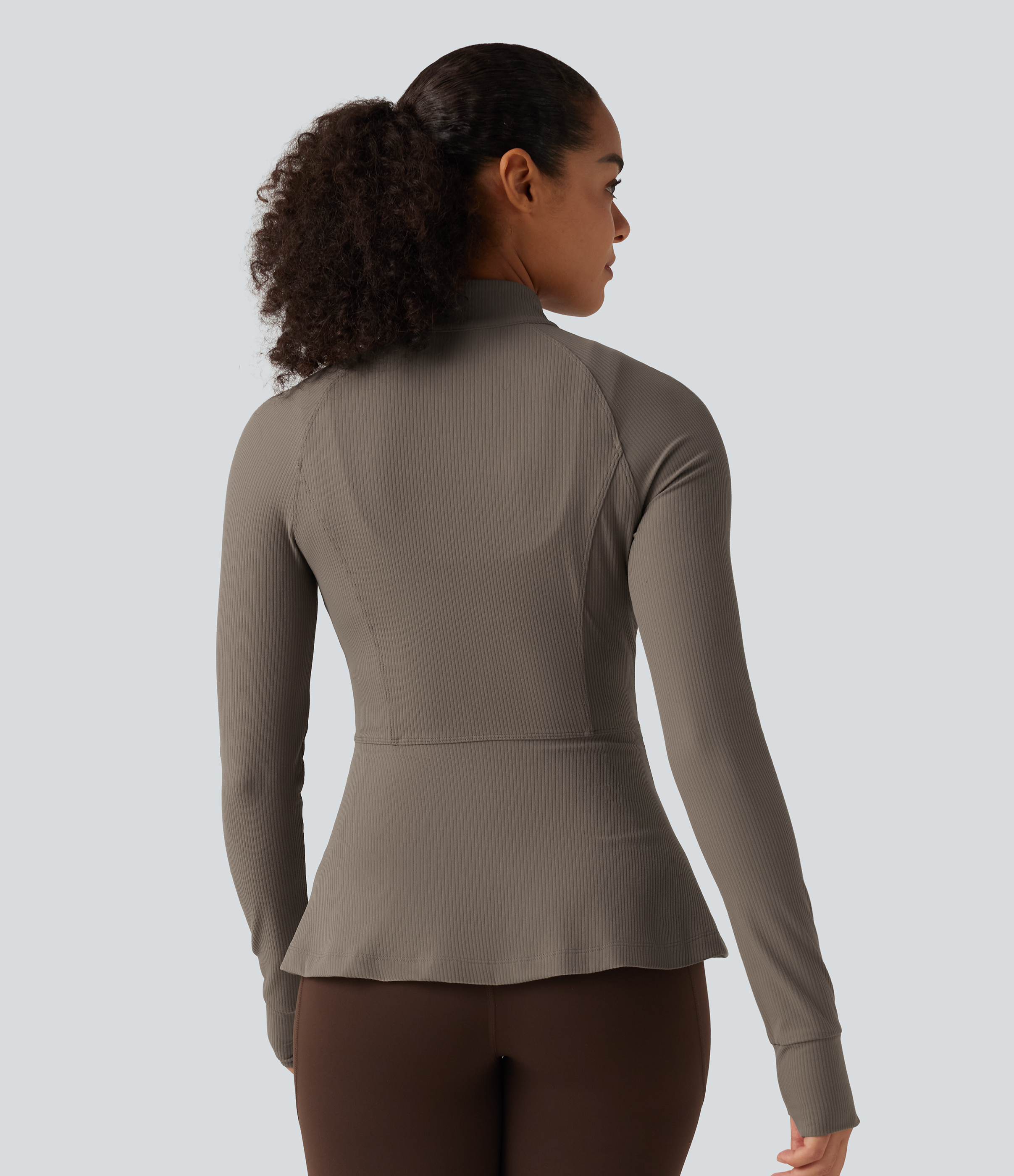 Dawn Brown Ribbed Knit Stand Collar Long Sleeve Thumb Hole Yoga Jacket with Pockets / 2